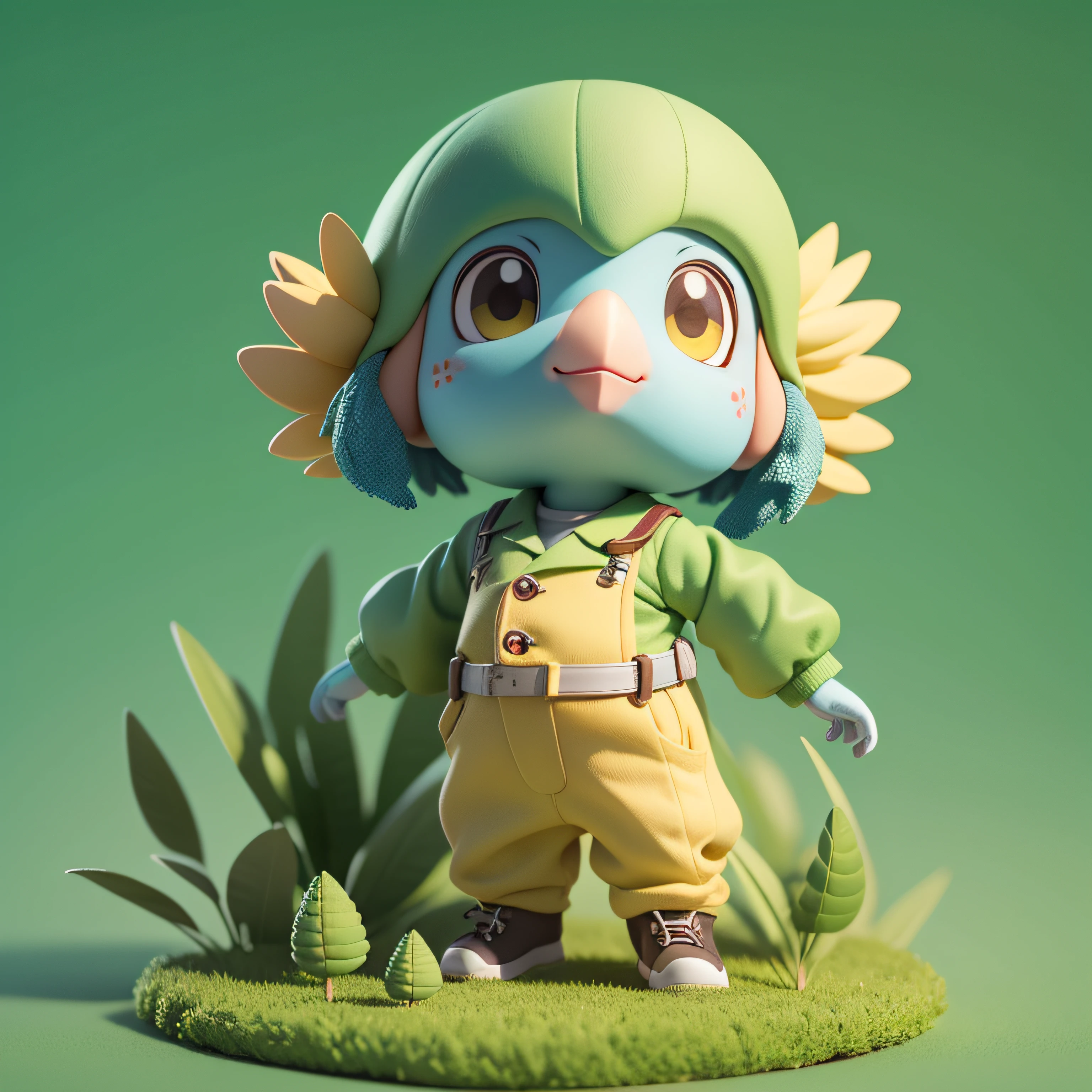highly detailed 3D render cute little young parrot with army costume, kids cartoon style, high detailed textures, soft smooth textures, soft yellow green plants color gradient in background.