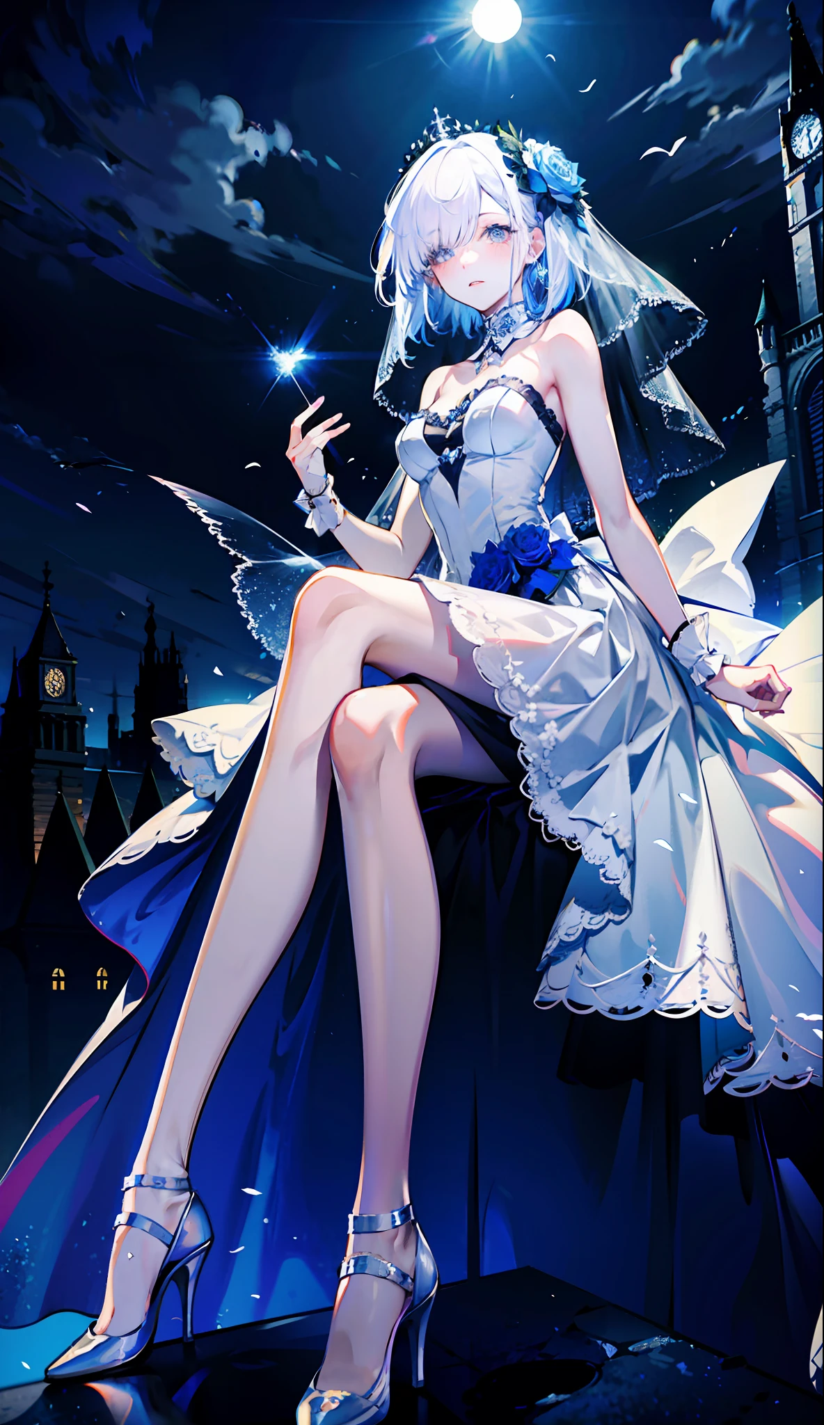8k wallpaper，detailedbackground，Highest high resolution，silber hair，Bandeau wedding dress，white wedding gown，tight-fitting，Castle background，A princess，rosette，rays of moonlight，Hair covers one eye，white Heels