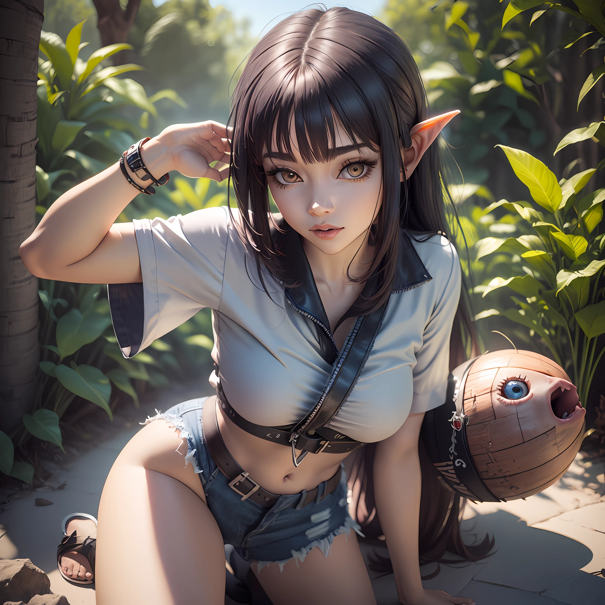 hinata hyuga,  bonita, cabelo requintado, sapatos requintados, representation of the eyes, olhos brancos, cabelo requintado, cabelo azul, Elvish style, caixa cega popmart, textura de argila, pisando na terra, fundo preto e branco, natural  lightting, a maioria de boa qualidade, super detalhe, Arte 3D, c4d, renderizador OC, 3D-rendering, 8k