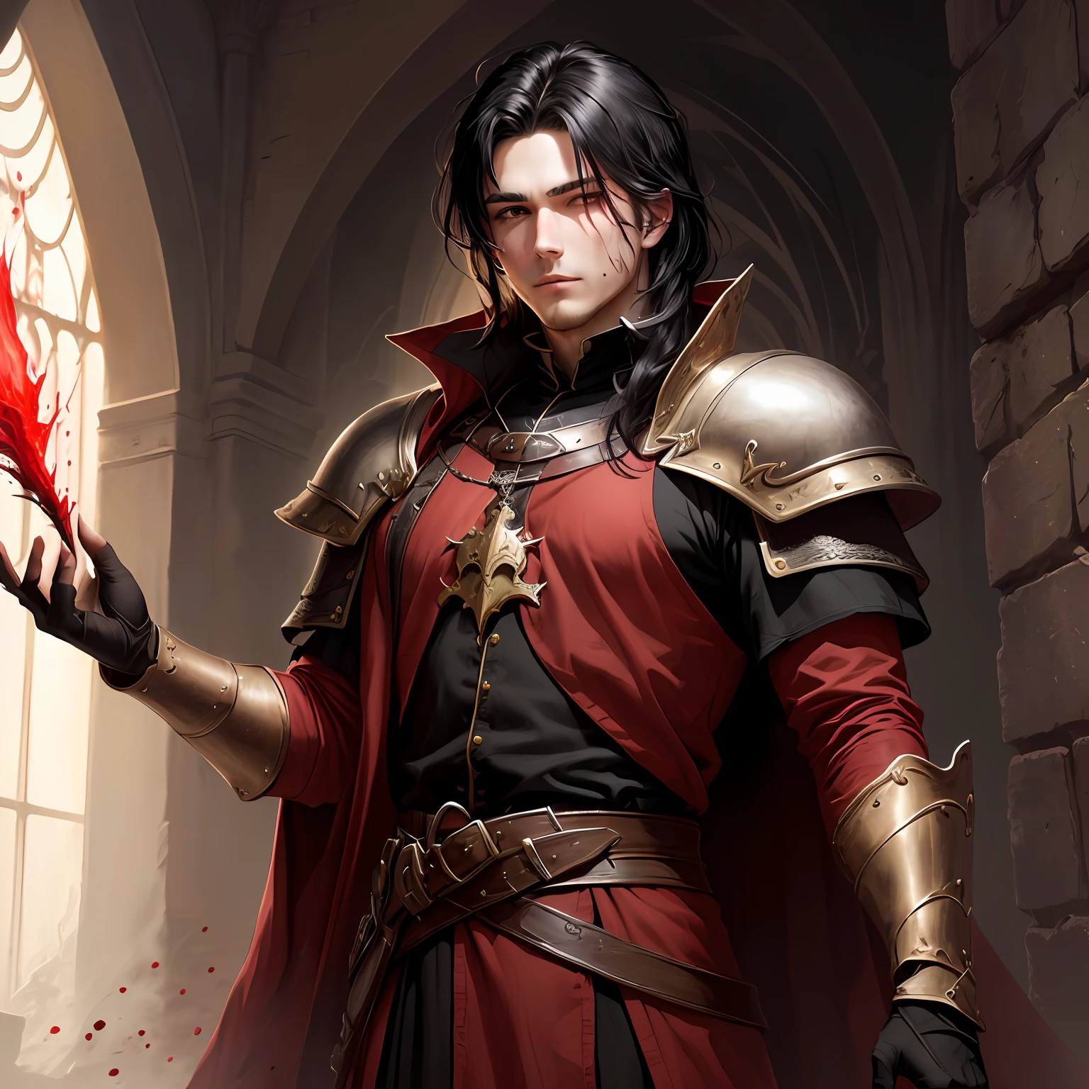 White man with black medium hair, red clothes, medieval, fantasy, dark fantasy rpg, red aura, blood master
