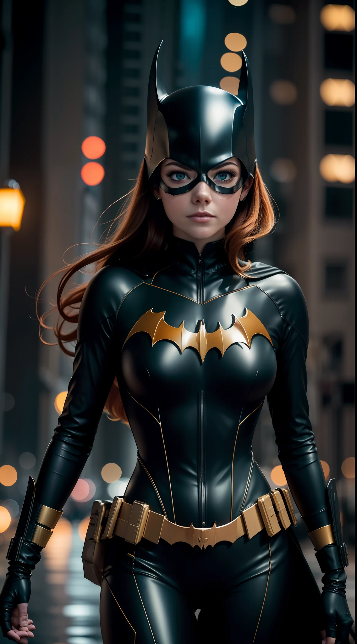 Emma Stone, beleza, roupas da Batgirl, cosplay Batgirl, foto de corpo inteiro, figura proeminente, Standing on the edge of a skyscraper, noite, foto (Obra-prima) (Melhor qualidade) (detalhe) (8K) (HD) (Papel de parede) (cinematic lighthing) (foco nítido) (Intrincado), sexy, chuva, molhada, raios, efeito de vento, melhor qualidade, Ultra high resolution, fotorrealista, retrato de corpo inteiro, incrivelmente bonito, dinamic poses, no mask on,