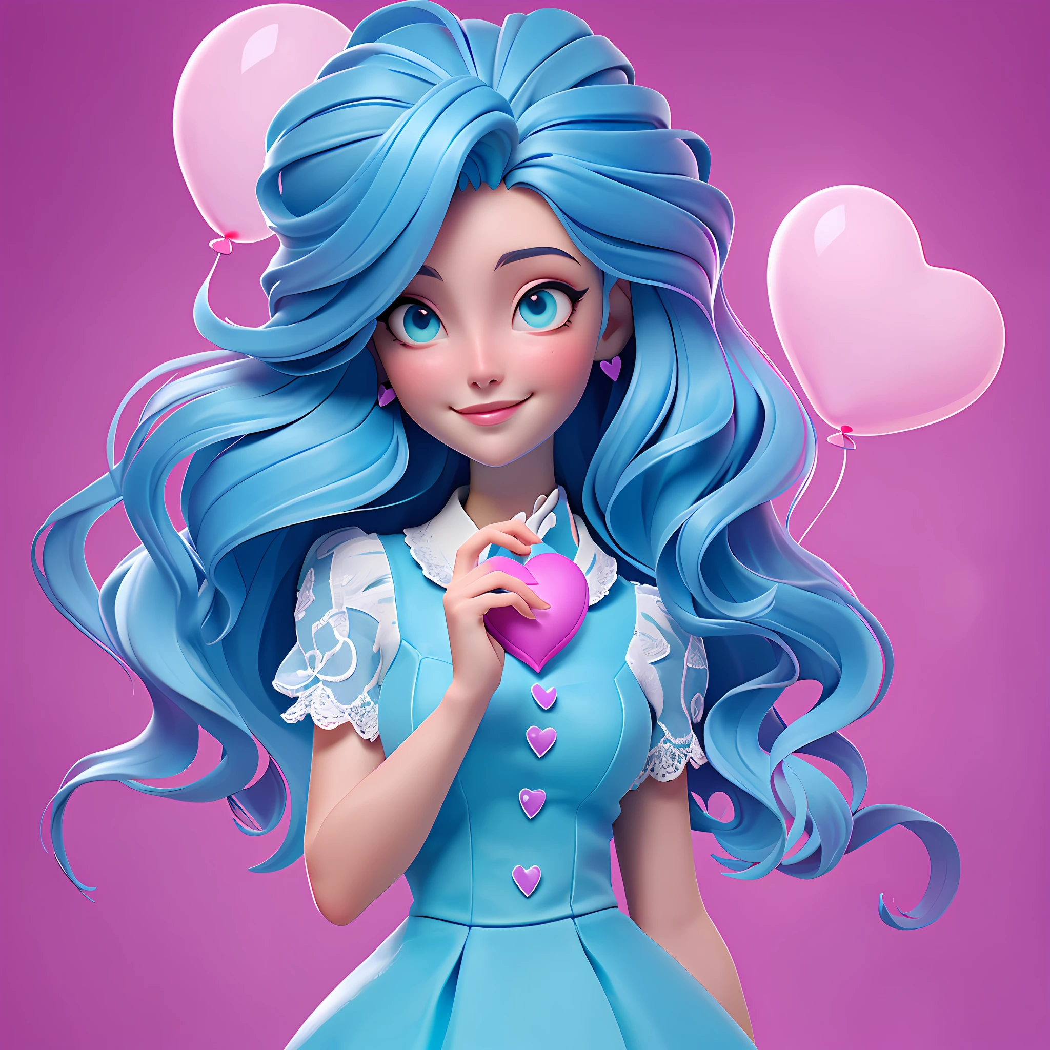 A woman holds a colorful heart-shaped balloon. Her hair is stuck in a messy bun as she looks up in awe. The background is filled with a pastel shade of light blue, evoking a sense of lightness and happiness.