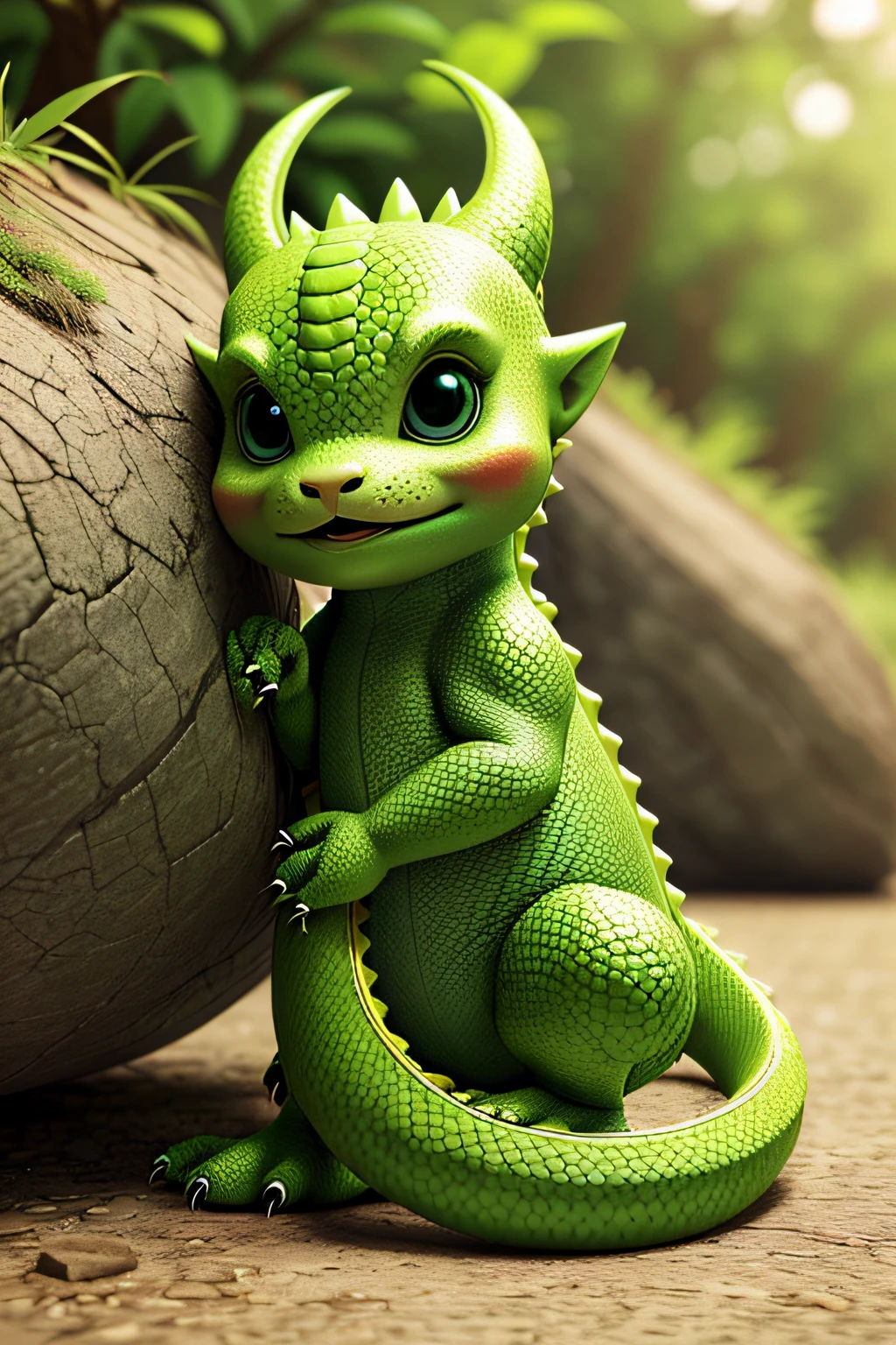 cutest illustration of baby a green dragon lying on the ground, art-station, ...cgi_animation