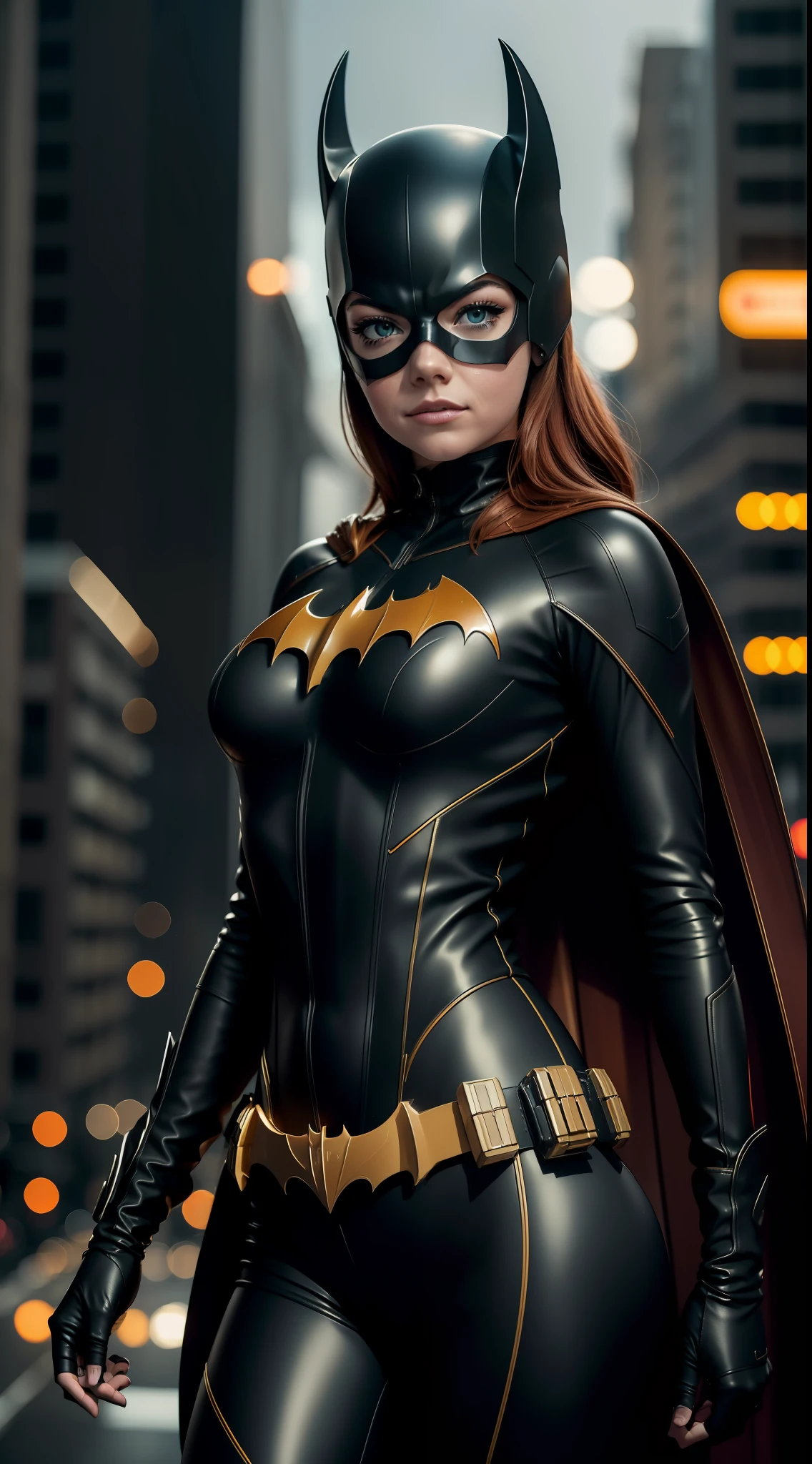 Emma Stone, beleza, roupas da Batgirl, cosplay Batgirl, foto de corpo inteiro, figura proeminente, Standing on the edge of a skyscraper, noite, foto (Obra-prima) (Melhor qualidade) (detalhe) (8K) (HD) (Papel de parede) (cinematic lighthing) (foco nítido) (Intrincado), sexy, chuva, molhada, raios, efeito de vento, melhor qualidade, Ultra high resolution, fotorrealista, retrato de corpo inteiro, incrivelmente bonito, dinamic poses, no mask on,