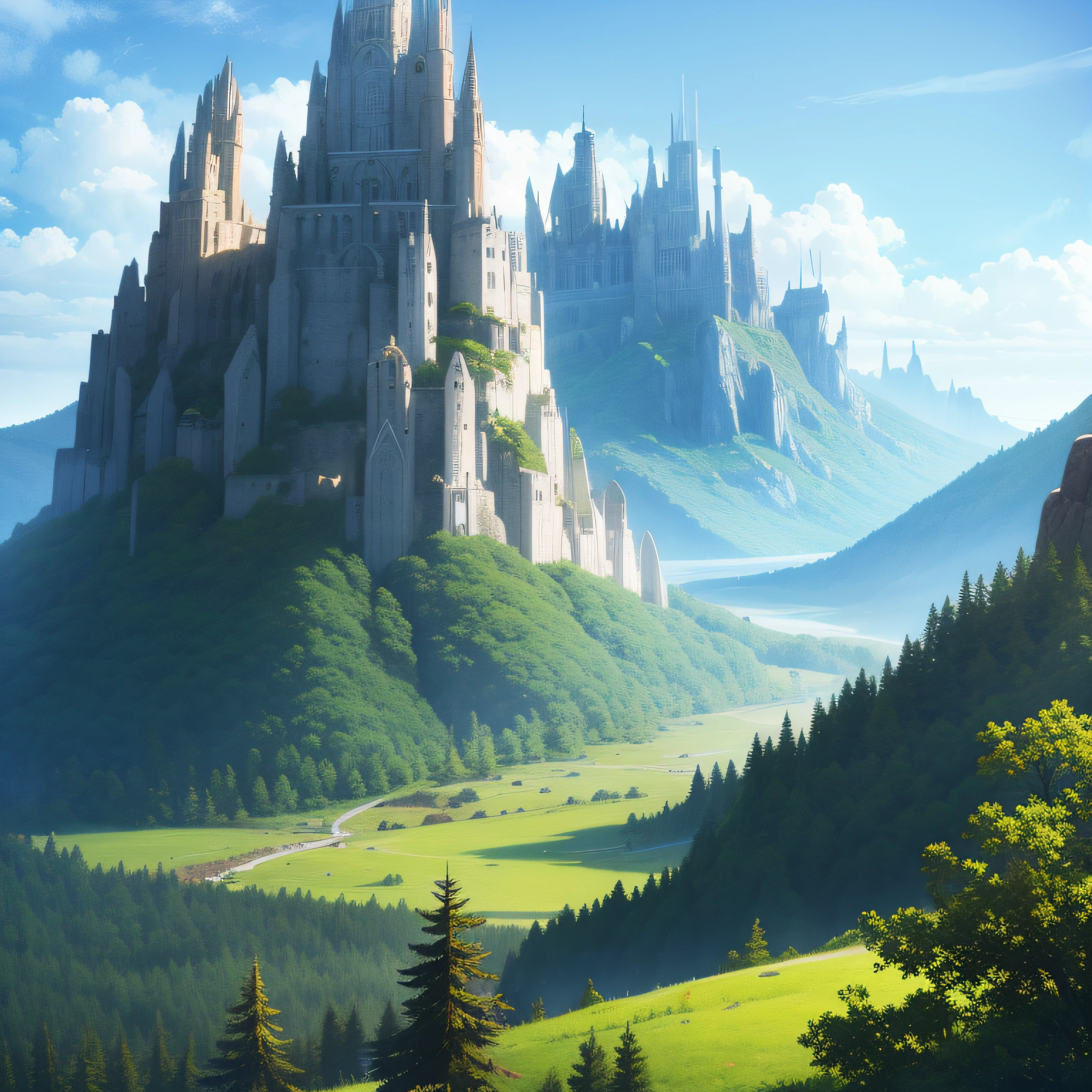 Create for me a mystical and mysterious landscape, com montanhas majestosas, dense forests and a sky tinged with soft colors. This represents the diversity of environments that players will explore in Eldoria