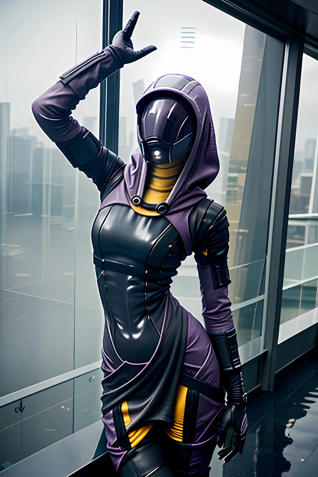 photo of female tali on observation deck, (skinny:1.3), sexy, very tall, rain, wet fabric, hood, purple bodysuit, (reflective mask:1.1), (glass mask:1.3), (helmet, faceless), hood up, alien, inside, facing viewer, wide hips, (poor quality photo:1.1)