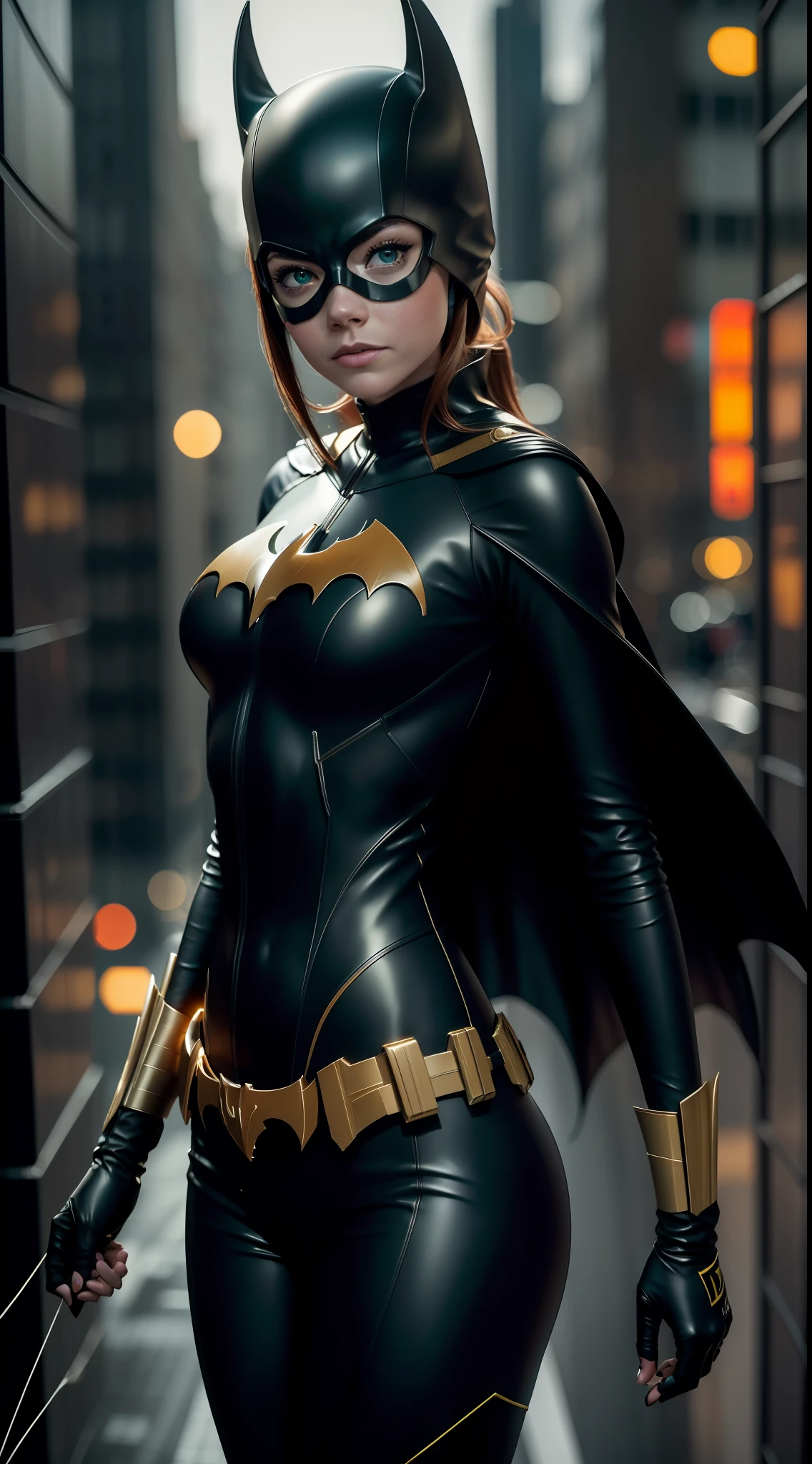 Emma Stone, beleza, roupas da Batgirl, cosplay Batgirl, foto de corpo inteiro, figura proeminente, Standing on the edge of a skyscraper, noite, foto (Obra-prima) (Melhor qualidade) (detalhe) (8K) (HD) (Papel de parede) (cinematic lighthing) (foco nítido) (Intrincado), sexy, chuva, molhada, raios, efeito de vento, melhor qualidade, Ultra high resolution, fotorrealista, retrato de corpo inteiro, incrivelmente bonito, dinamic poses, no mask on,