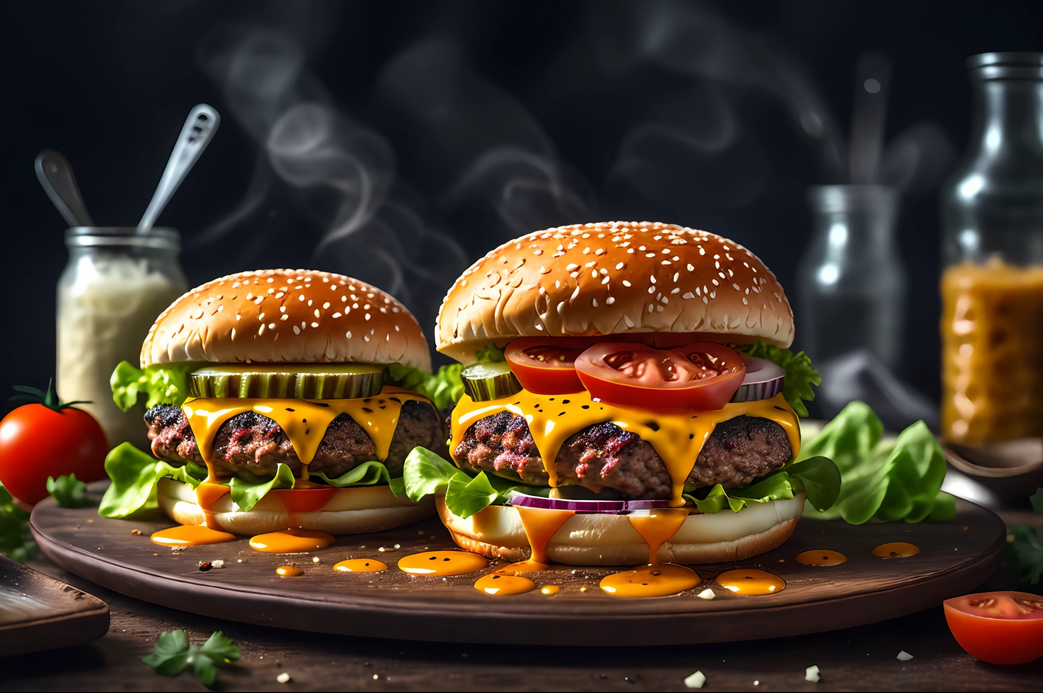 masterpiece, best quality,burger photo, food, food focus, no humans, realistic, still life, plate, burger, blurry, blurry background, tomato, depth of field, lettuce, onion, cheese