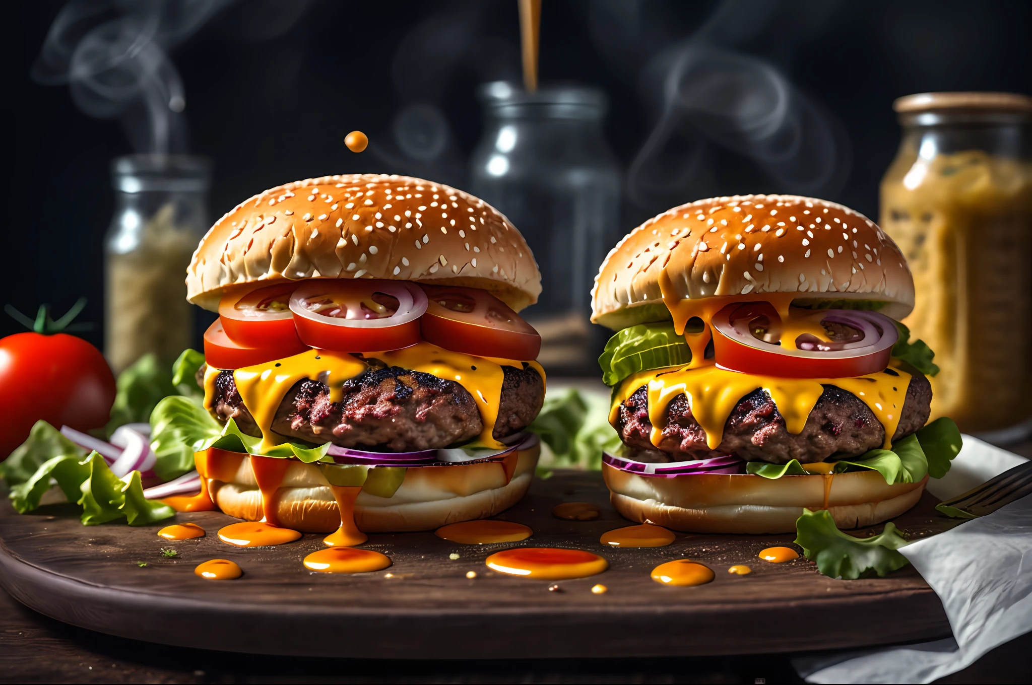 masterpiece, best quality,burger photo, food, food focus, no humans, realistic, still life, plate, burger, blurry, blurry background, tomato, depth of field, lettuce, onion, cheese