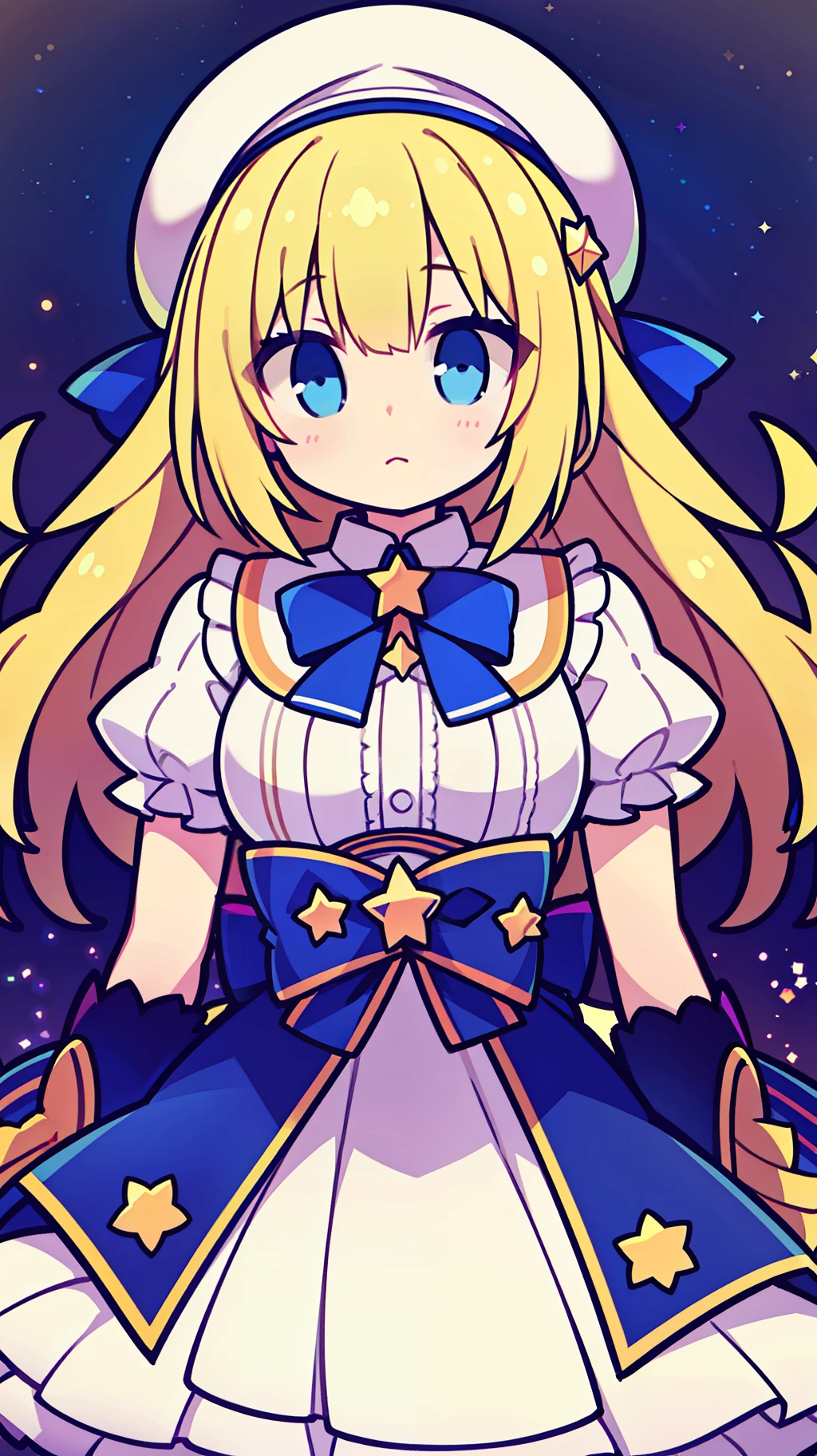 Yellow-haired,white dresses,eBlue eyes,star accessories,Blue bow tie,white beret(It has a blue bow on it),starryskybackground,Q version,Stand up,full bodyesbian