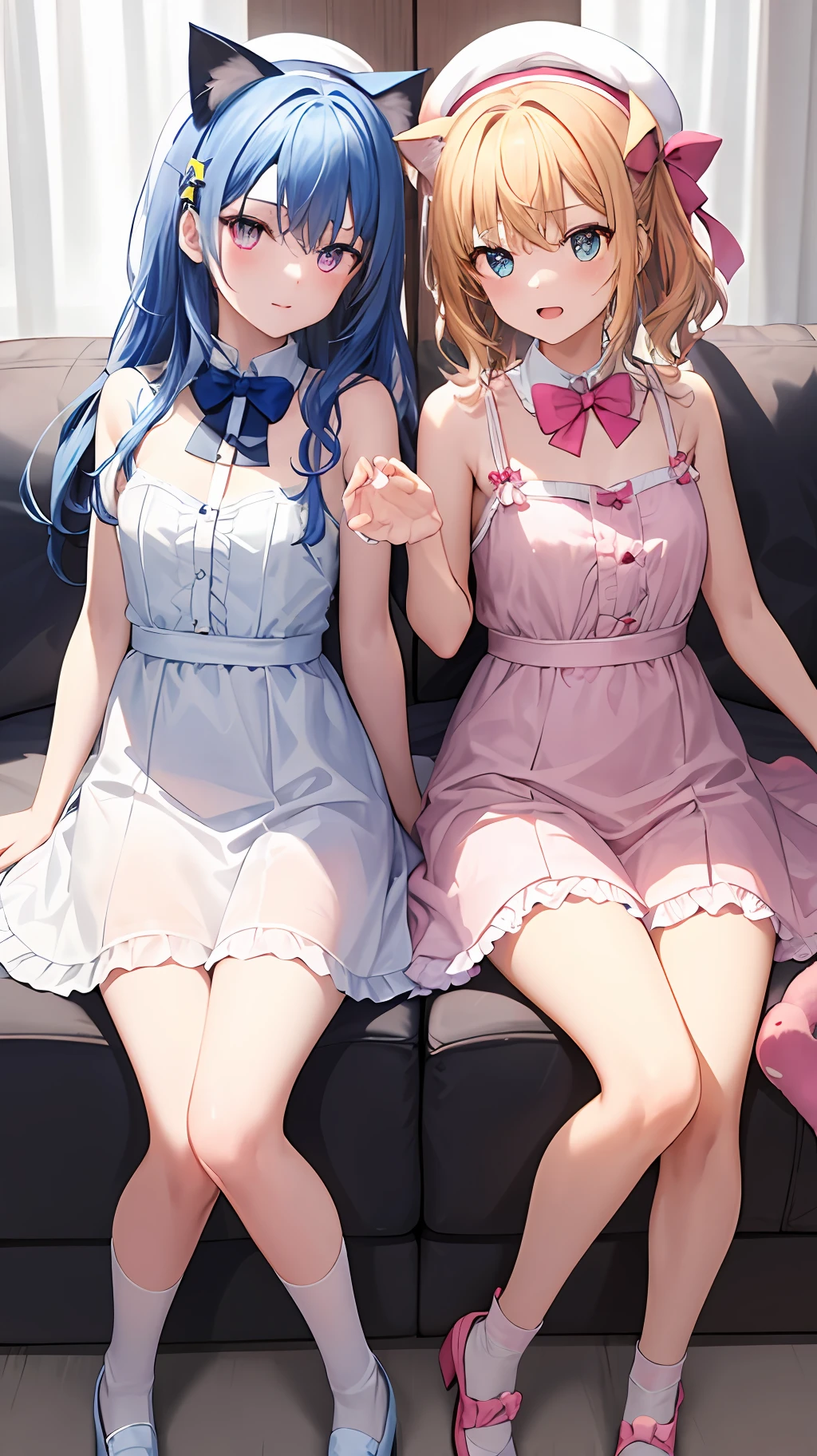 Two age girls,left:Yellow-haired,white dresses,eBlue eyes,star accessories,Blue bow tie,white beret(It has a blue bow on it),The right:lightblue hair,Cat ears,Pink eyes,pink Lolihite socks,pink bows