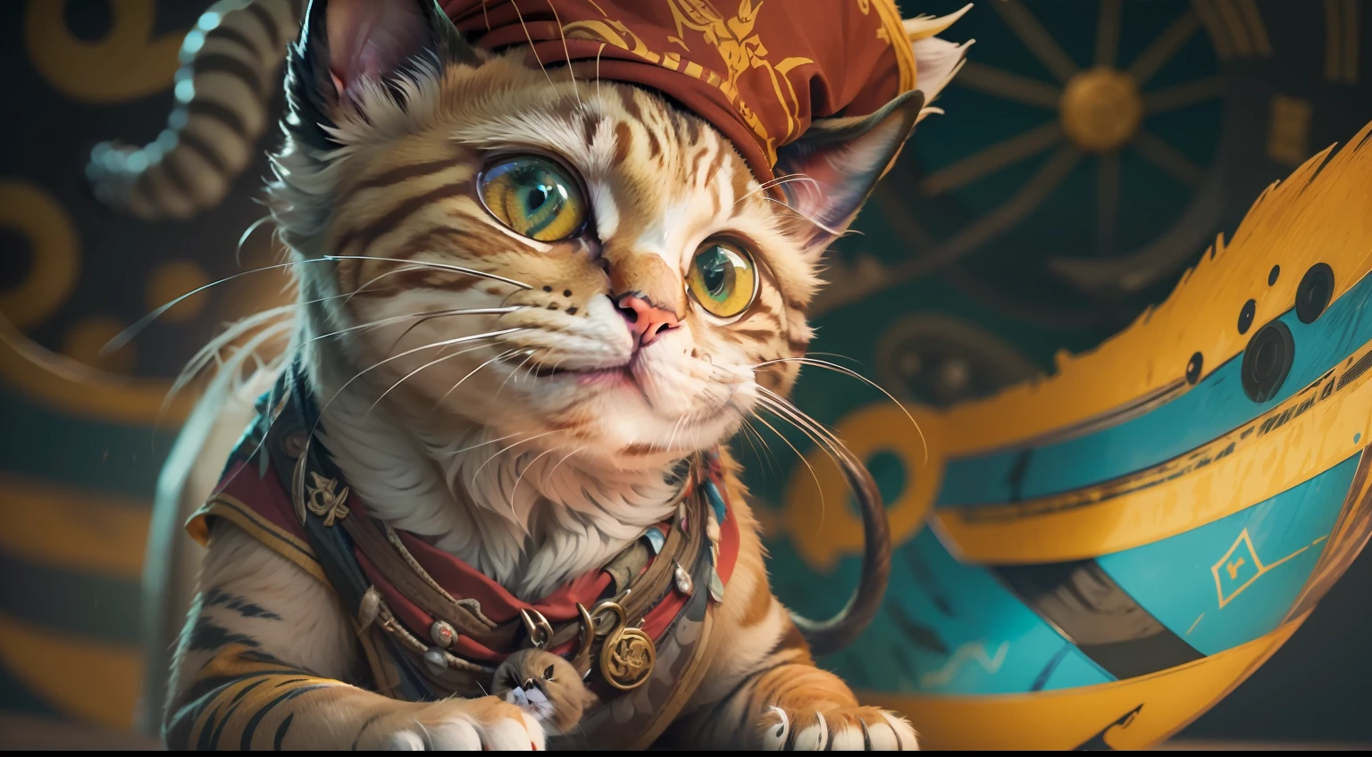 ((Masterpiece)), ((1 gato:1.2)) (vestido como um pirata), (kalap, tapa-olho e bandana), cores brilhantes e vibrantes, arte digital do desenho animado, arte digital detalhada bonito, fofo, pintura digital dos desenhos animados, master part, best quality, Cinematic lighting, bela arte conceitual, (design intrincado, Super Detalhe: 1.2)