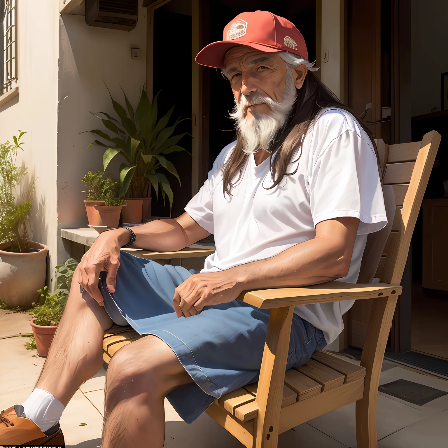 MAN: thin, 65, long-haired and bearded, wearing a cap, sitting in a chair in front of a typical house, simple from Brazil;