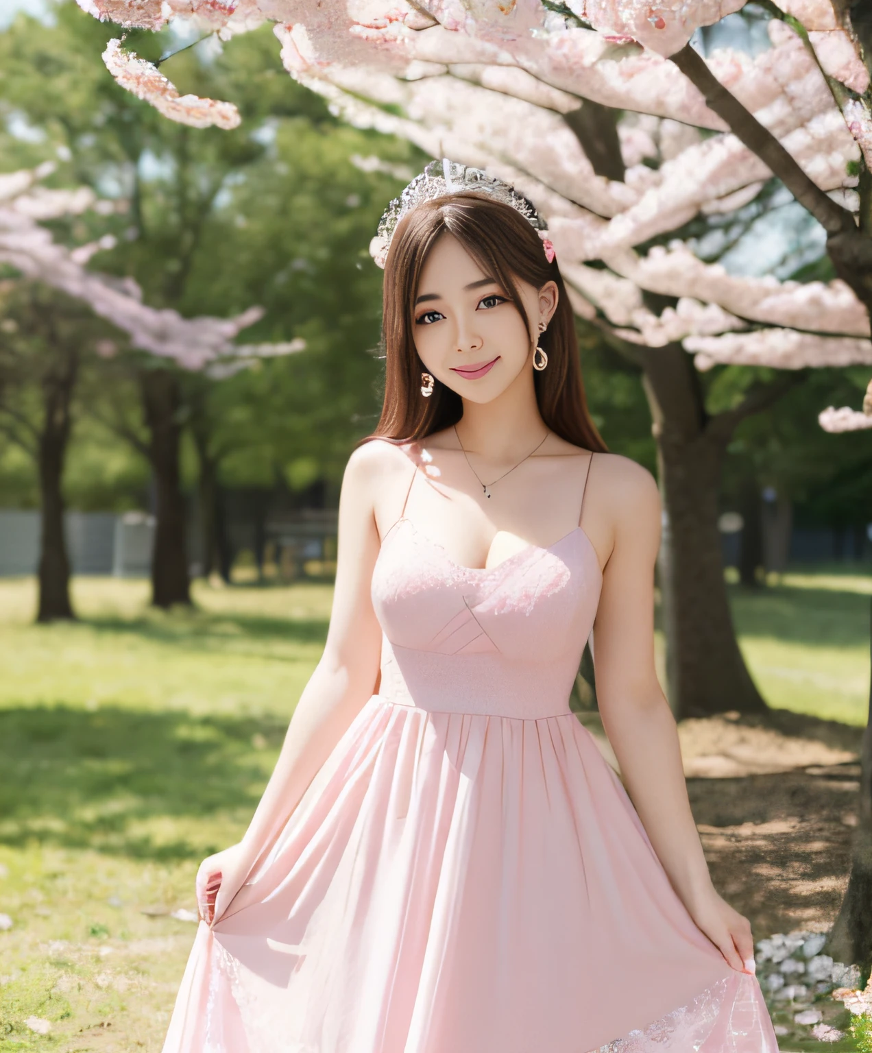 ((Realistic lighting, of the highest quality, 8K, masutepiece: 1.3)), Clear focus: 1.2, 1womanl, Perfect beauty: 1.4, Yushuxin, 1girl in, Dress, Solo, brunette, Jewelry, Long hair, earrings, Bow, Pink dress, Wood, Nature, plein air, Bare shoulder, Airless Gainsboro, long-one-piece dress, Hair Bow, forest, pink bows,Strapless, Standing, Necklace, Head tilt, Chapped lips, Wavy Hair, straplessdress,Lace sleeves, cetin dress,a close up of a woman in a pink dress posing for a picture, Beautiful maiden, Anime girl cosplay, Beautiful Korean Woman, Beautiful princess, Cute elegant pose, Belle Delphine, wearing pink dress, Beautiful fantasy maiden, Anime princess, Beautiful seductive anime woman,Beautiful Asian Girl, charming anime girls, Elegant Glamorous Cosplay,take a front,in cherry blossom park,
