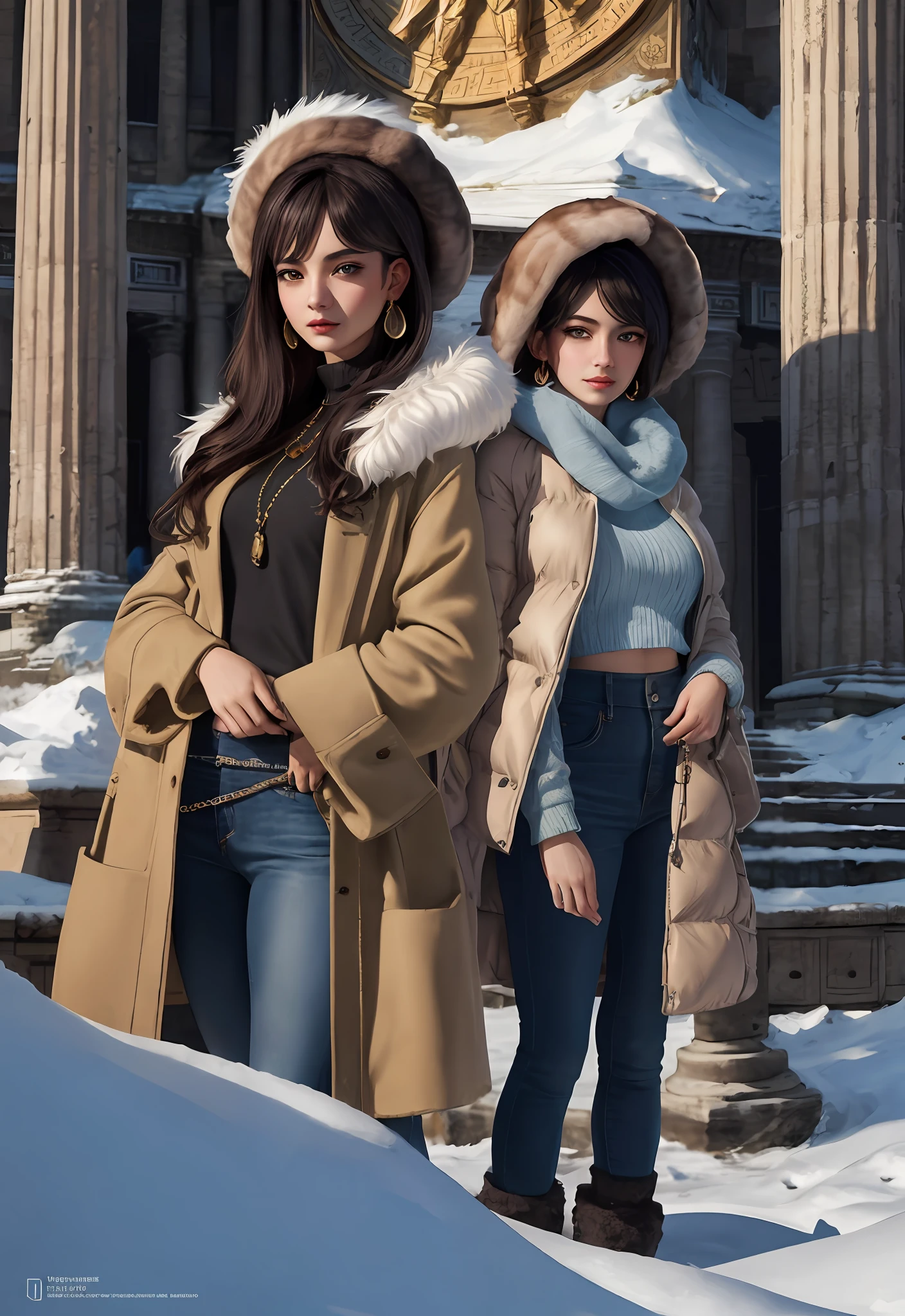 (Positive focus, Original photo), (2girls,duo,navel,Enter the Pantheon in Rome,crowd,winter,Snowy),Surrealistic Female Portraits by David Hockney and Alphonse Mucha, Fantasy art,Wear gorgeous furs, (Blue pupil: 1.4, shiny pupils: 1.4, Big eyes: 1.1), Photo fidelity, Dynamic lighting, Art Station, poster for, voluminetric lighting, Very detailed face, 4K, Award-winning, Shadows, understated, (official outfit: 1.4, Gorgeous fur, Complex clothing, Furs), Looking at the camera, Bust Up Shot, (Realistic face)),