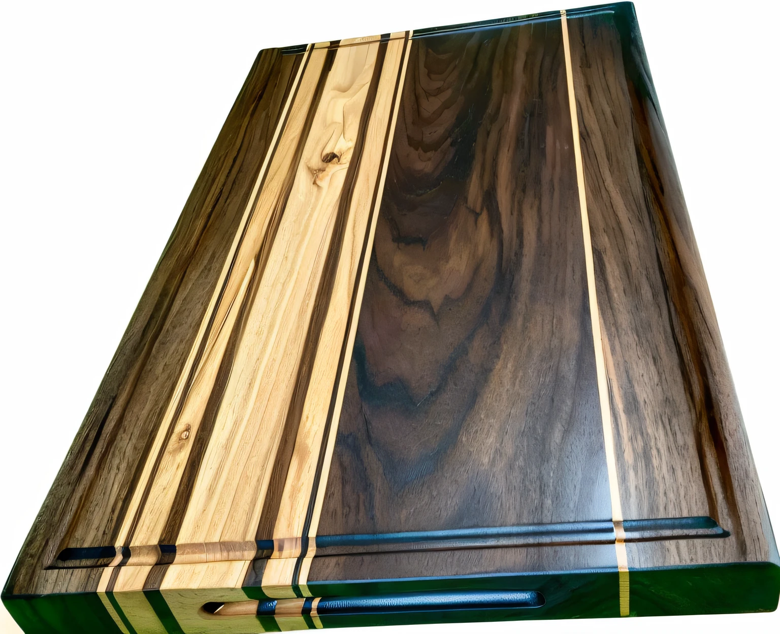 a closeup of a wooden cutting board, com madeira detalhada, vista frontal folha completa, polished with visible wood grain, madeira de walnut e maple, full-length view, scenic view, imagem para anuncio