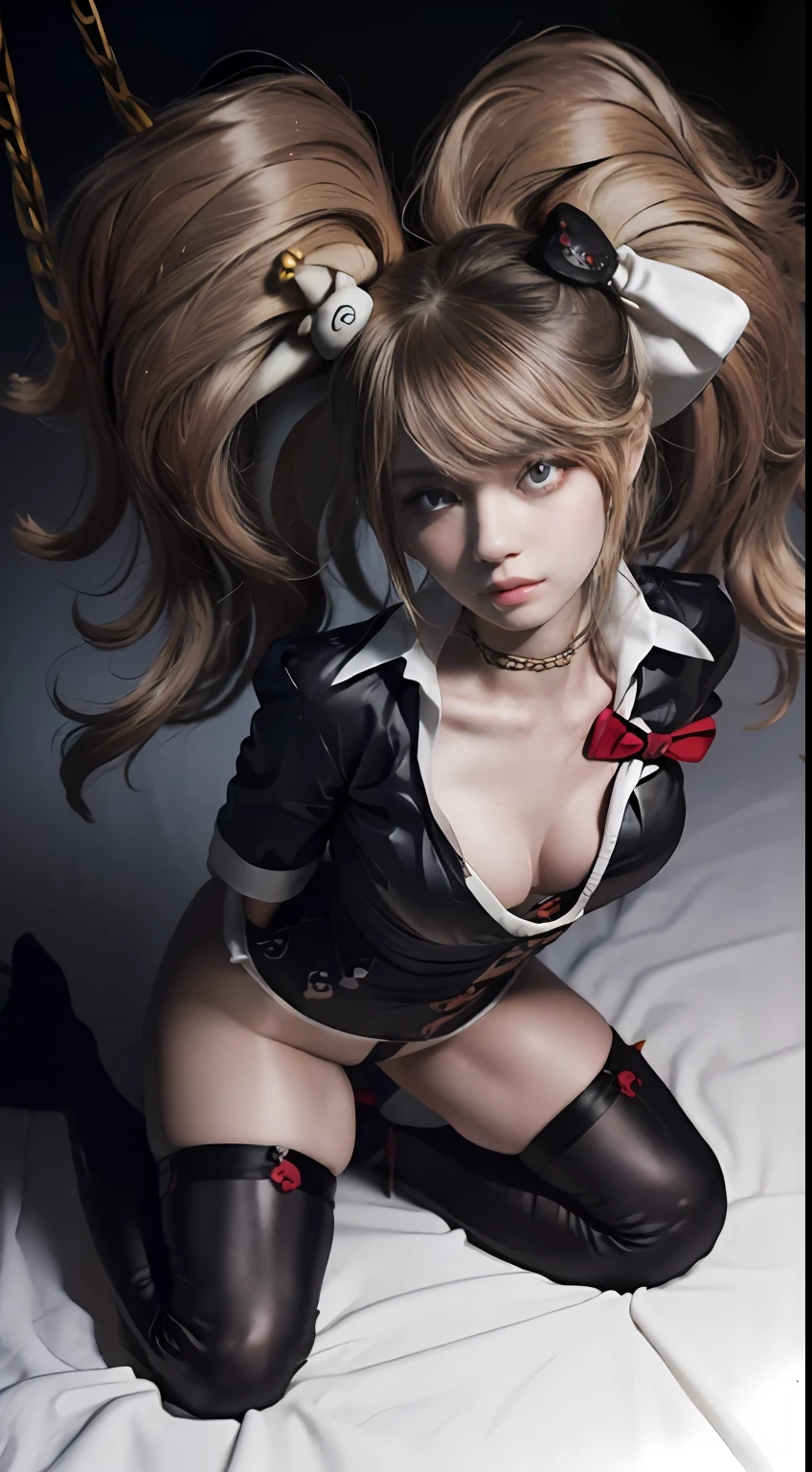 Junko Enoshima with Black Corset, Shiny Bondage, Rubber, Very Short Hair, BDSM, Slave, Woman Tied Up to Her Feet, Tied With Ropes All Over Her Body (2), Lying Full Body (1.3), Acrobatic Pose While Restrained (1.6), ((Best Quality, 8k, Masterpiece: 1.3)), Crisp Focus: 1.2, Beautiful Woman with Perfect Figure: 1.4, Slender Abs: 1.2 , ((layer cut, big: 1.2)), highly detailed face and skin texture, detailed eyes, shibari (2), seaside, bondage, angle shot from above