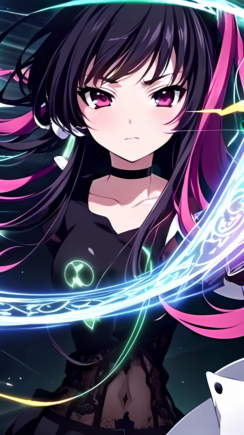 Ultra High Resolution, Ultra high quality, Ultra High Detail, Ultra high precision, powering up aura, advanced digital anime art, Holo, anime moe art style, an anime girl, Electric aura, anime wallaper, official artwork, High quality anime art style, advanced anime digital art, Transcendent pretty girl with long black hair, magic circles, natta,