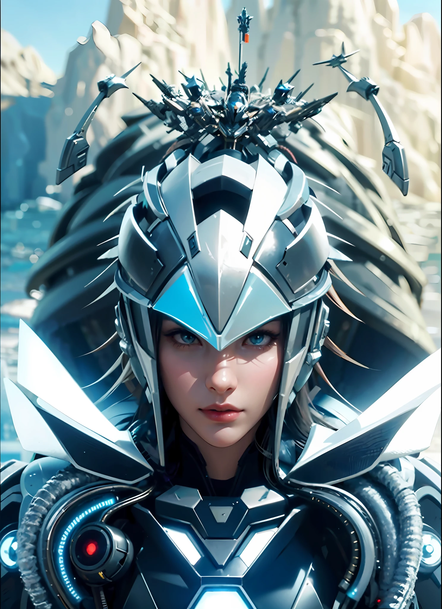 a close up of a person wearing a helmet and armor, portrait of a cyborg queen, unreal engine render + a goddess, square enix cinematic art, of a beautiful female warframe, girl in knight armor, unreal engine fantasy art, stunning armor, girl in mecha cyber armor, armor girl, artgerm ; 3d unreal engine, wearing futuristic armor