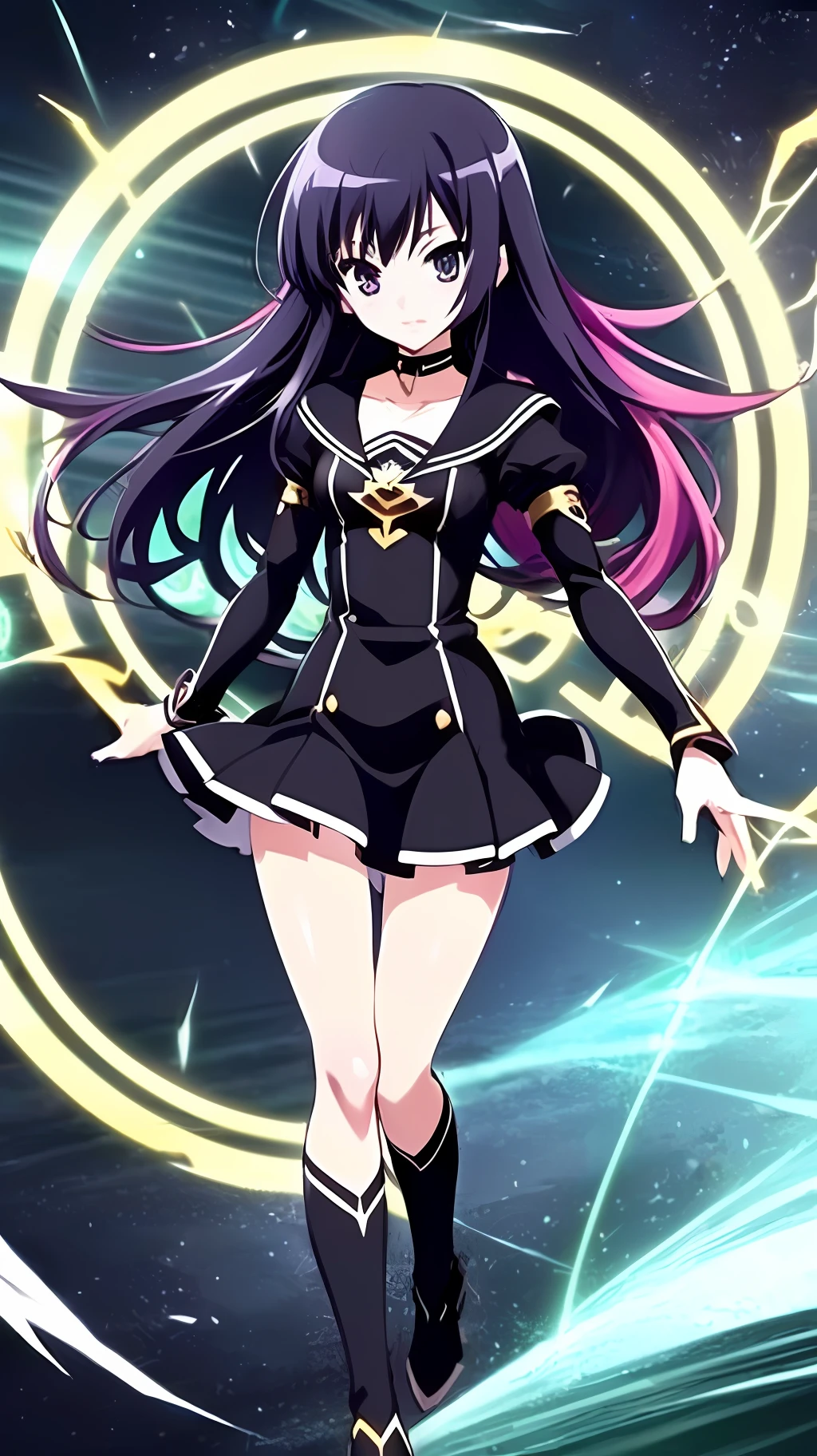 Ultra High Resolution, Ultra high quality, Ultra High Detail, Ultra high precision, powering up aura, advanced digital anime art, Holo, anime moe art style, an anime girl, Electric aura, anime wallaper, official artwork, High quality anime art style, advanced anime digital art, Transcendent pretty girl with long black hair, magic circles, natta,