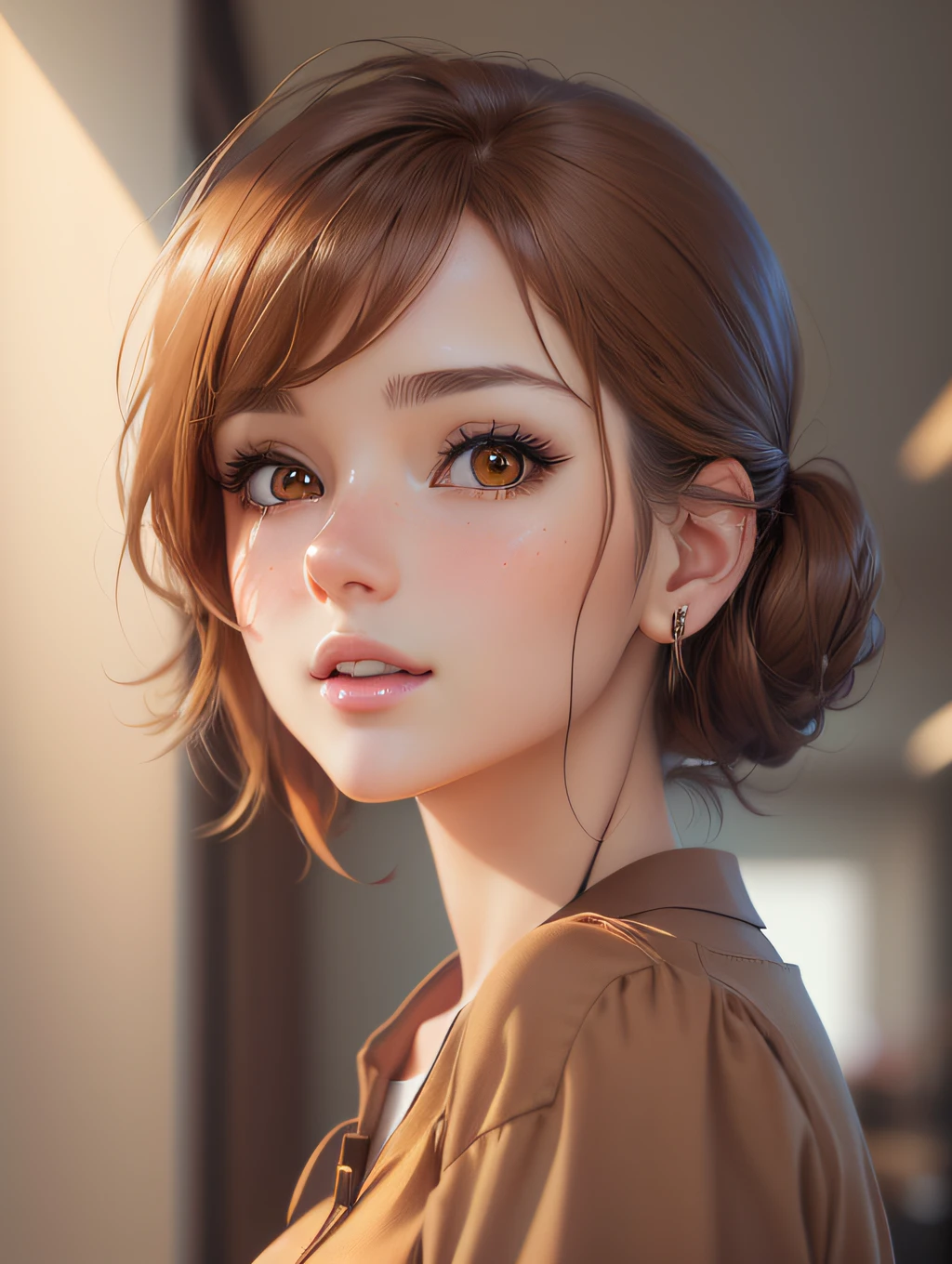 Close up portrait of a woman with brown shirt and brown hair, kawaii realistic portrait, realistic anime 3 d style, photorealistic anime girl render, 3 d anime realistic, Realistic art style, 8K portrait rendering, realistic cute girl painting, realistic art style, Smooth Anime CG Art, Anime Realism Style, Photorealistic beautiful face, realistic young anime girl