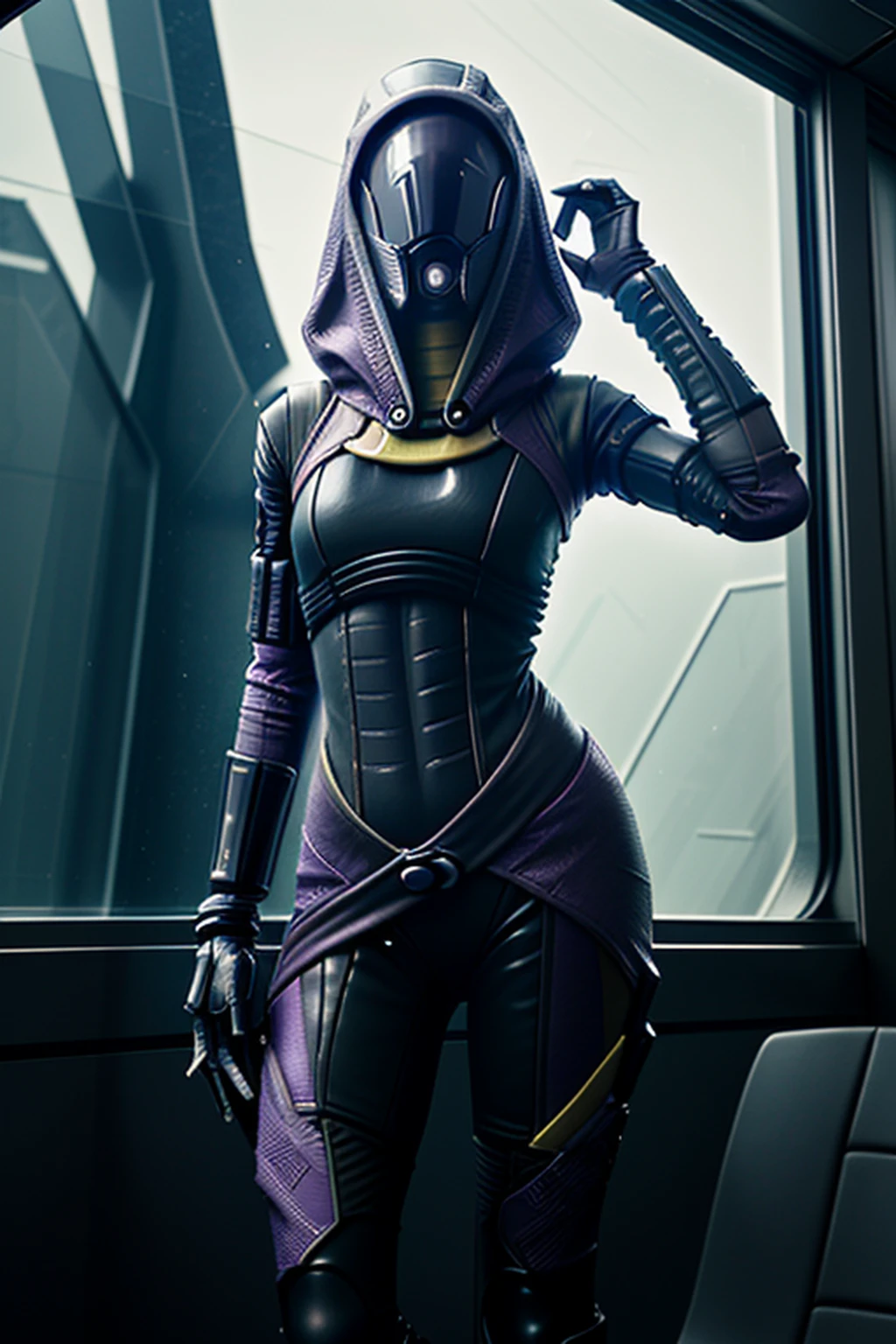 photo of female tali on observation deck on a spaceship , (skinny:1.3), sexy, very tall, rain, wet fabric, hood, purple bodysuit, (reflective mask:1.1), (glass mask:1.3), (helmet, faceless), hood up, alien, inside, facing viewer, wide hips, (high quality photo:1.1)