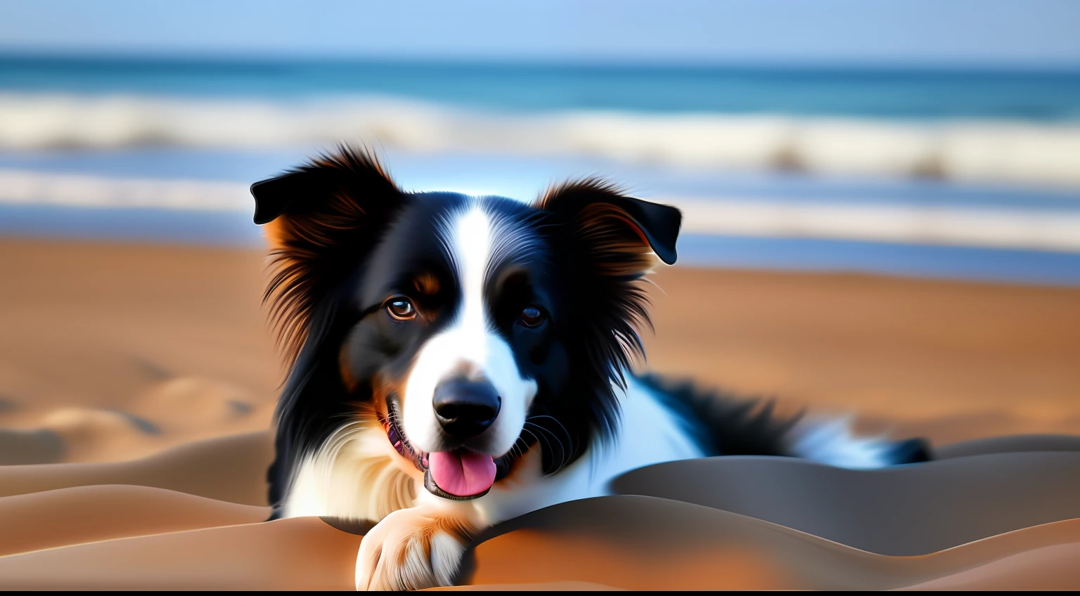 pintura digital altamente detalhada de 1 Cachorro border collie pelagem preta e branca correndo feliz na praia, por do sol, paz, luz