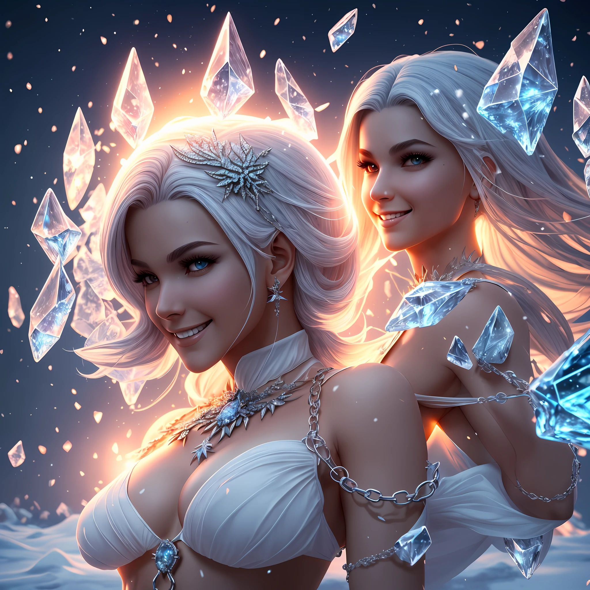 a beautiful demonic sorceress conjuring ice,standing and looking at viewers, various ice chains around her,(((detailed perfect face))),light smile, beautiful face, seductive body,tall body, mature body, BREAK frost aura, ice spear, lots of ice shard, blue and white ice shard dazzling around, small ice phoenix flying in the background, crystal and snow on the ground, blizzard, sexy body BREAK,Detailed,Realistic,4k highly detailed digital art,octane render, bioluminescent, BREAK 8K resolution concept art, realism,by Mappa studios,masterpiece,best quality,official art,illustration,ligne claire,(cool_color),perfect composition,absurdres, fantasy,focused,rule of thirds, --auto
