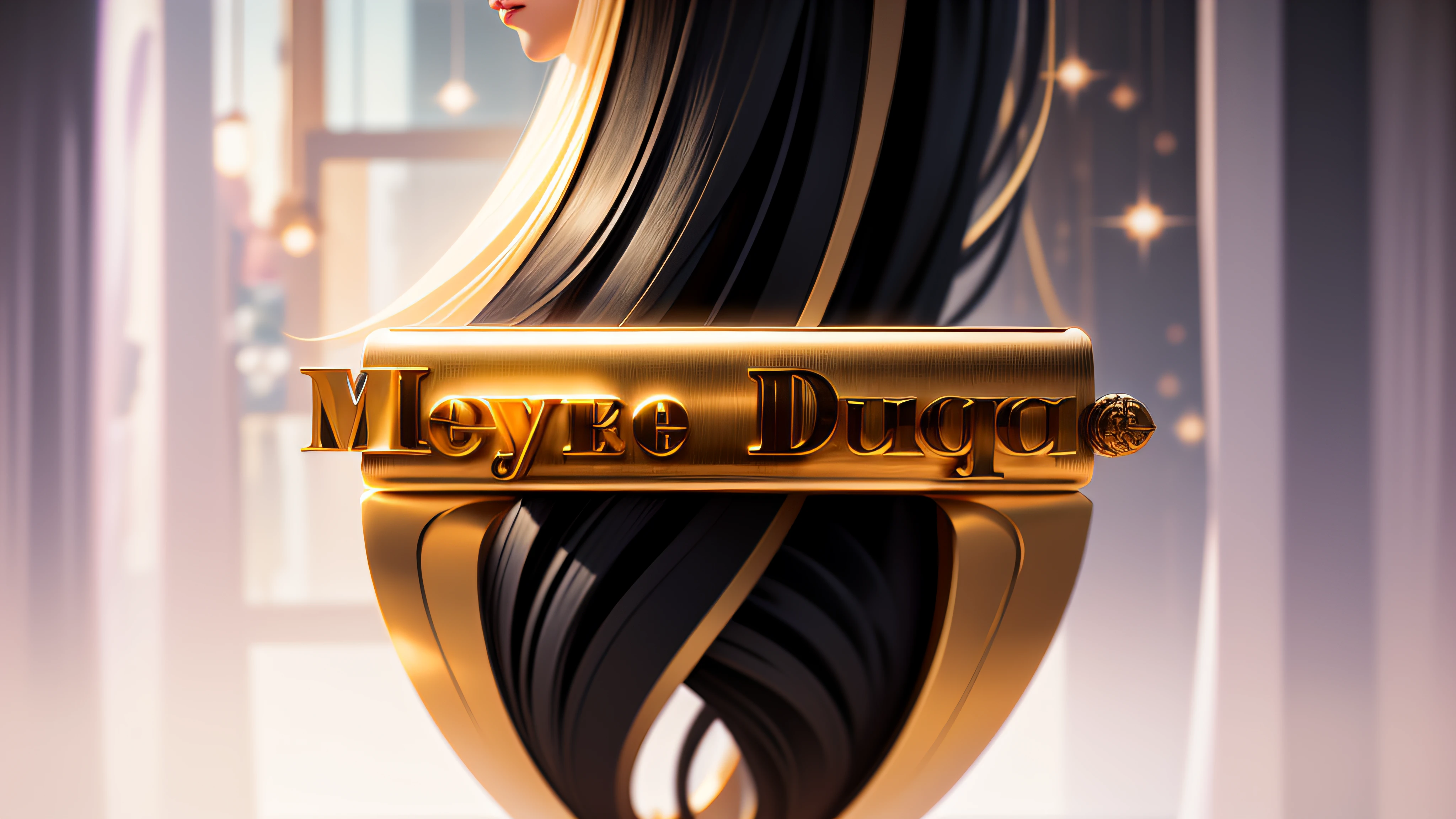 Logo with the name Meyre Duke in a beauty salon and a woman with long flowing black hair in closeup, em zoom in, Bokeh, Sinalizadores,