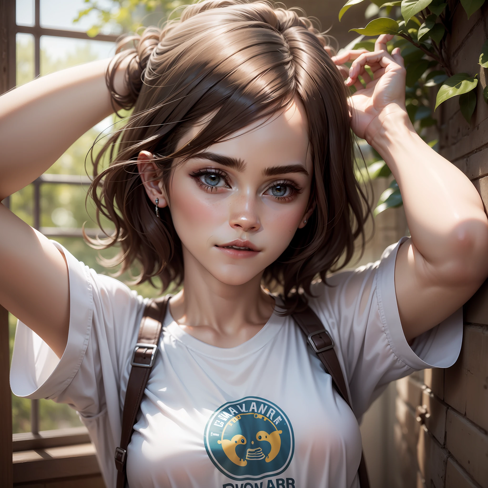 Emma Watson con camiseta mojada, se marcan los pezones, cara avergonzada