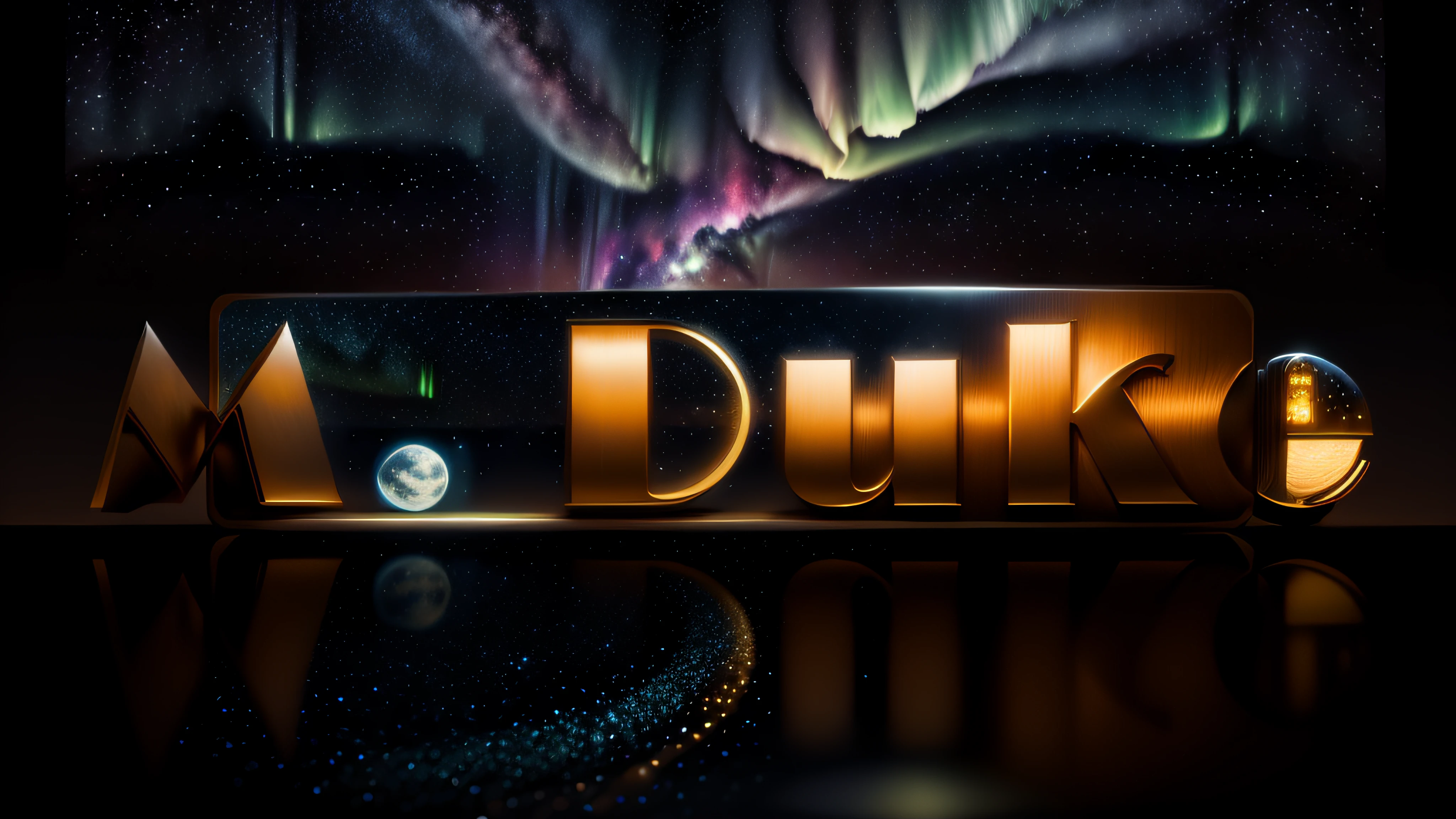 Logo com o nome M.Duke in a starry night sky with huge full moon and a beautiful aurora borealis in the background,