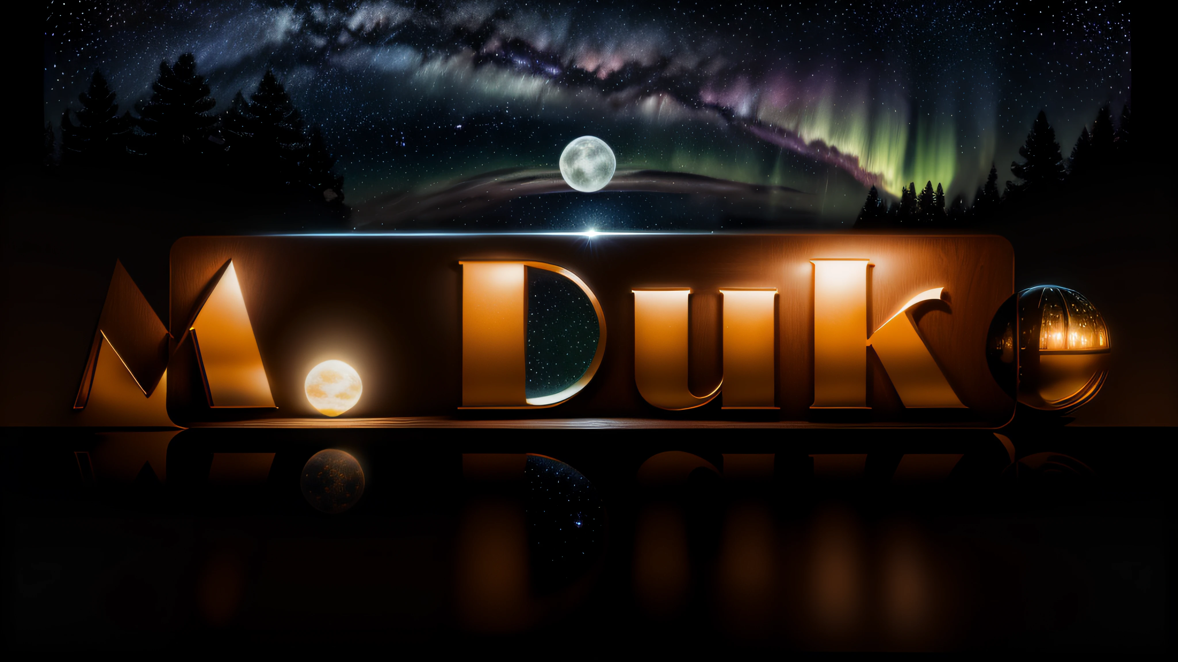 Logo com o nome M.Duke in a starry night sky with huge full moon and a beautiful aurora borealis in the background,