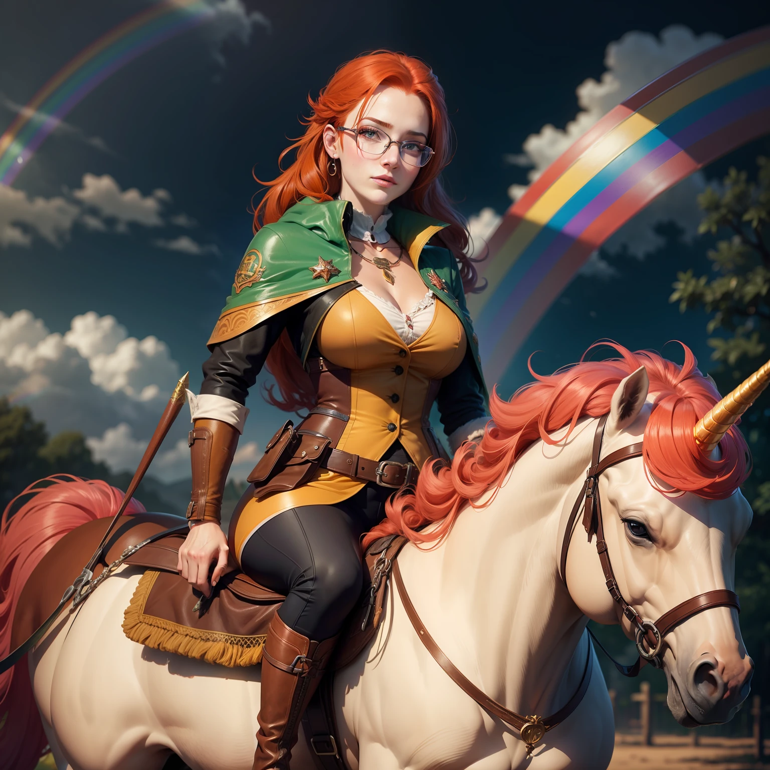 glasses wearing redheaded female hunter riding a beautiful rainbow coloured unicorn