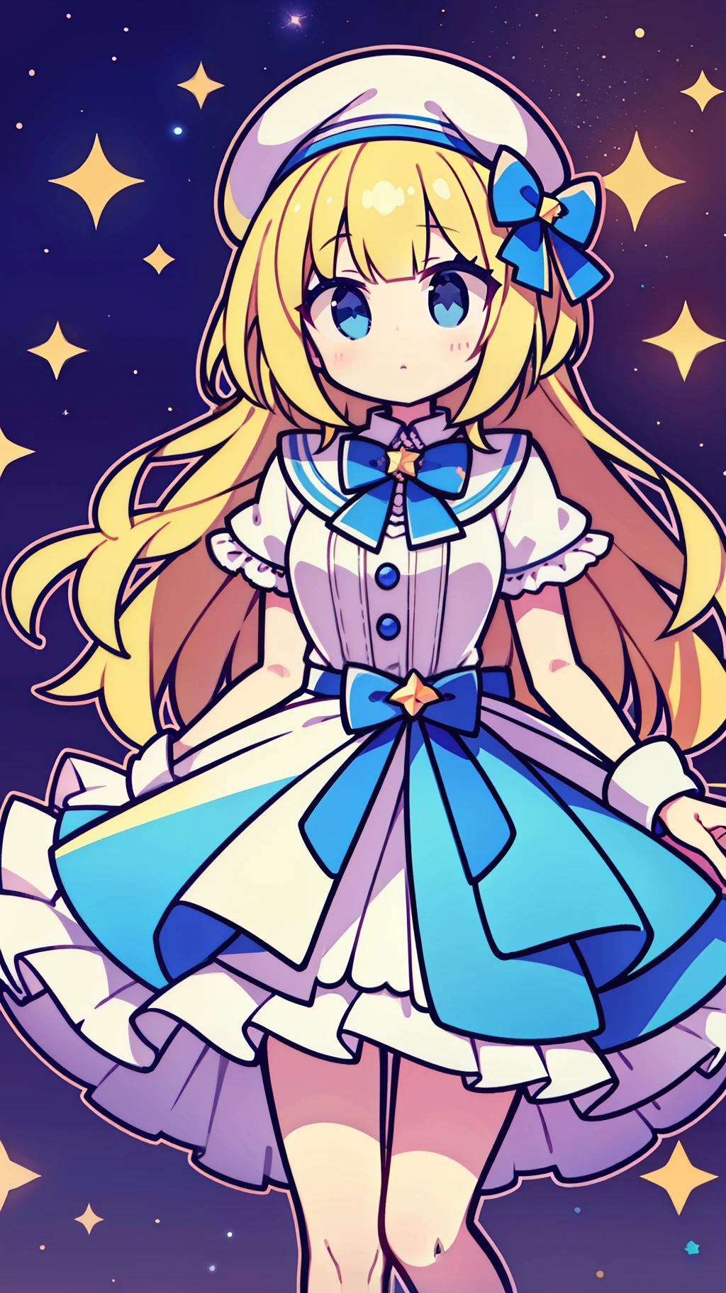 Yellow-haired,white dresses,eBlue eyes,star accessories,Blue bow tie,white beret(It has a blue bow on it),starryskybackground,Q version,Stand up,full bodyesbian