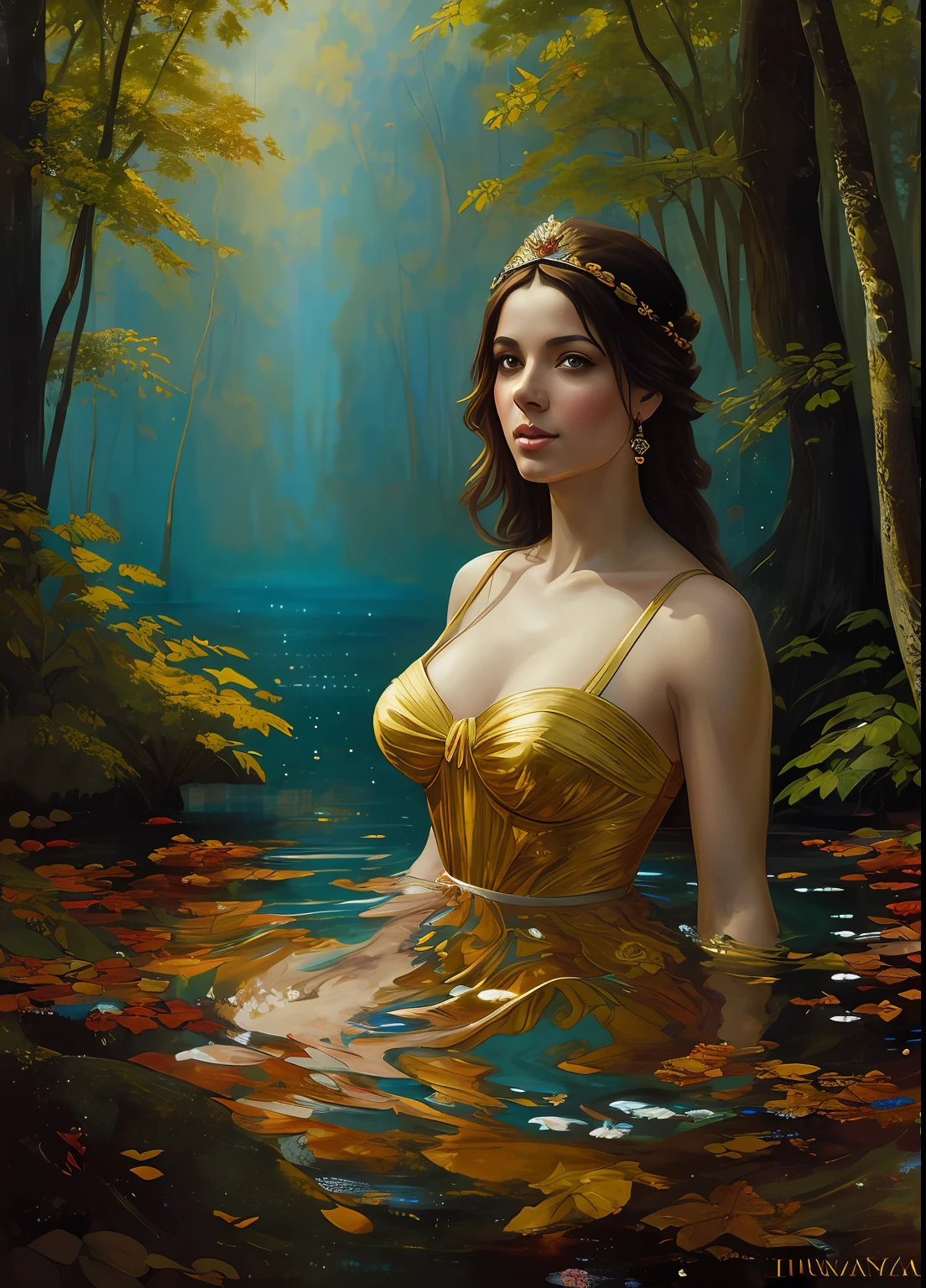 master part, best quality, Greek godess bathing in a lake in a forest below a star-filled night sky, appearing from paint to colored liquid oil, swirling ink, Cinematic lighting, Directed by: Karol Bak, Pose de corpo inteiro, ÂngelaBaby, ((Pintura, lona, Belas Artes)), circunstanciado, (arte de fantasia), Fresco, ((arte digital)), (digital illustation), 4k, Autun trend colors in ArtStation, trending in cgsociety, cinemactic, Agfacolor, low coloration, Norman Rockwell, Franz Xaver Winterhalter, Jeremy Mann, Artgerm, Ilya Kuvshinov, Anjos Cecile, Michael Garmash