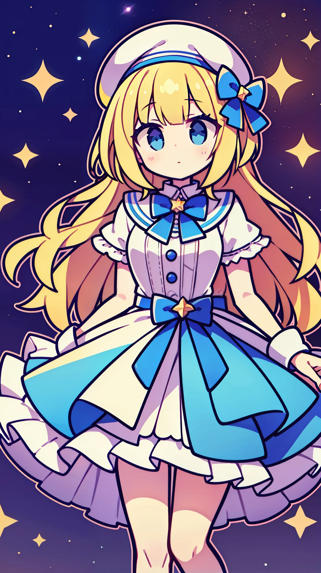 Yellow-haired,white dresses,eBlue eyes,star accessories,Blue bow tie,white beret(It has a blue bow on it),starryskybackground,Q version,Stand up,full bodyesbian
