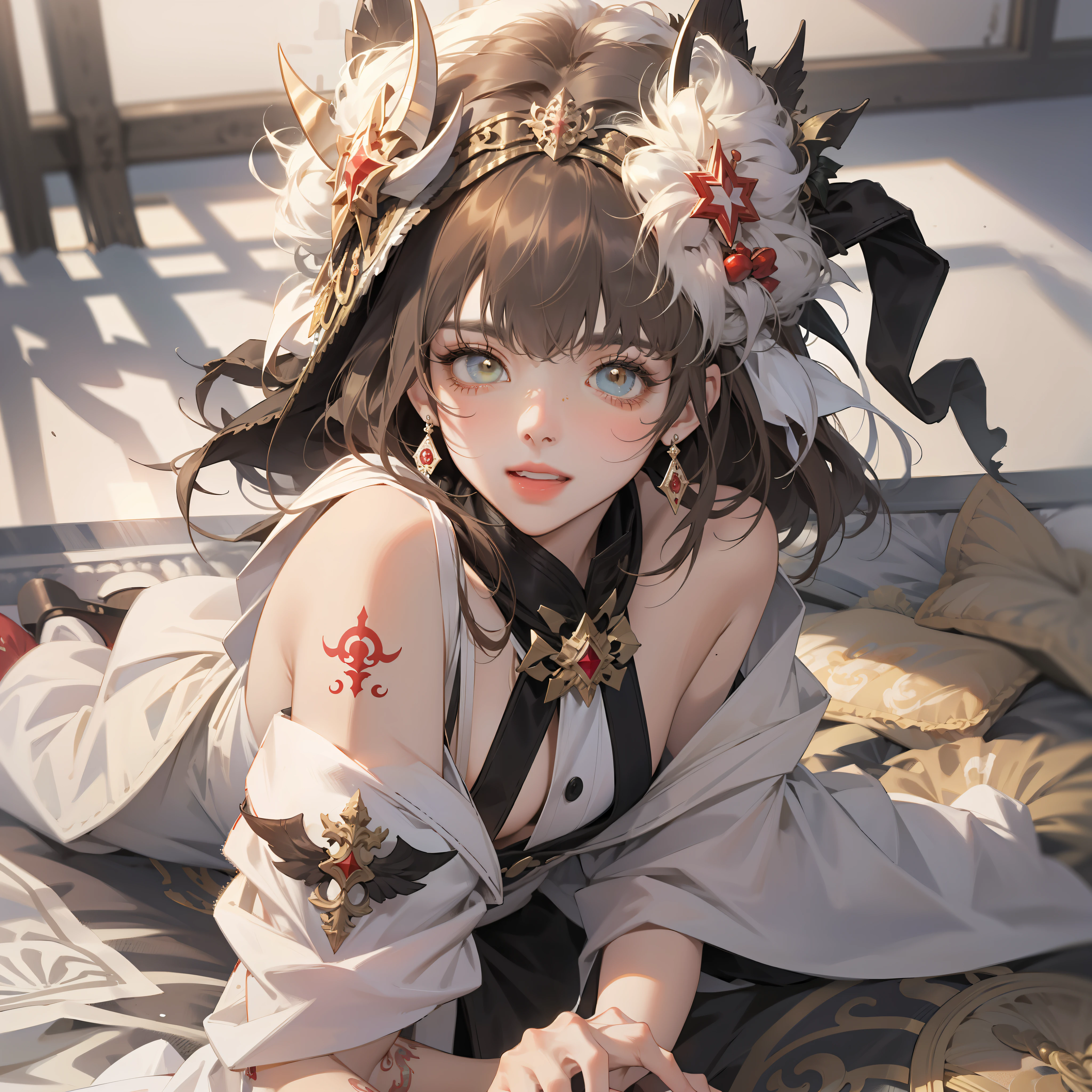 Ink wind(tmasterpiece,best qualtiy:1.4),Original,(illustratio:1.1),(Extremely detailed Cg Unity 8K wallpaper),独奏,1girll,(Smooth skin),By bangs,brunette color hair,By bangs、耳Nipple Ring、eyeslashes、hair adornments、head gear、trinkets、cparted lips、Redlip、short detailed hair、Lookout、nipple tassels,(Crawl on the floor,spread their legs:1.2)Super detailed face,Highly detailed lips,White liquid flows from the lower body,OriginalOutfit,ruler_tattoo, Pale skin, Solo, Heterochromia,Laughed very wildly,Open your mouth,Sick