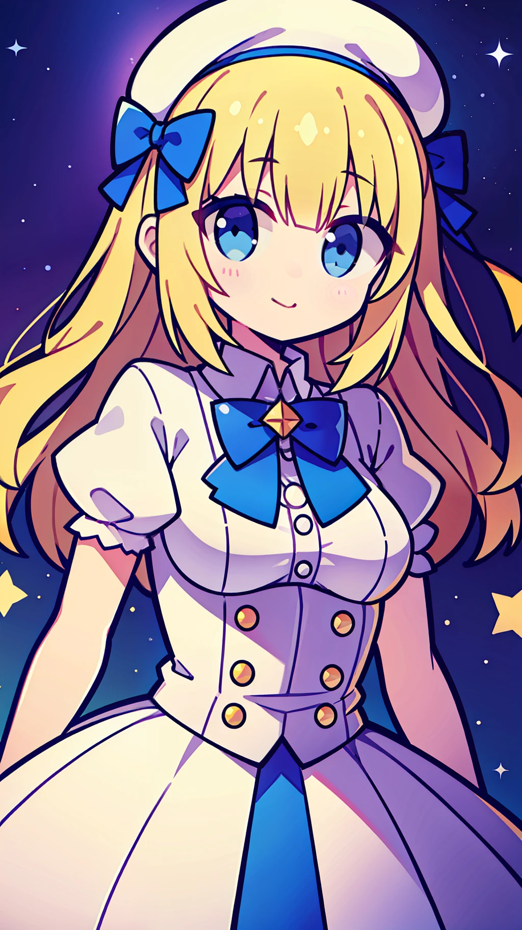 Yellow-haired,white dresses,eBlue eyes,star accessories,Blue bow tie,white beret(It has a blue bow on it),starryskybackground,Q version,Stand up,full bodyesbian