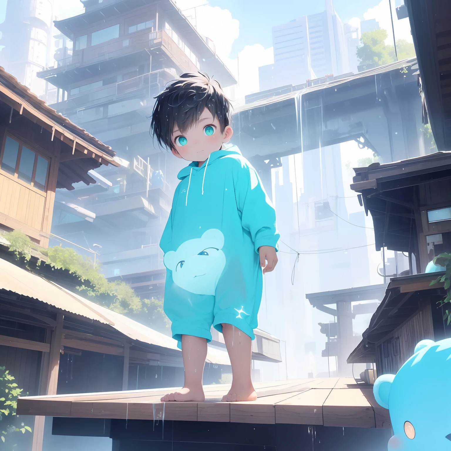 4K), with cyan hair and green eyes and barefoot and wet oily Bear costume small tiny feet, He sits on the edge of a roof, und betet, Nebel Licht, Impressionismus, 2D, (Dornen: 1.1), (toter Baum: 1.1) Focused on feet, feet pose