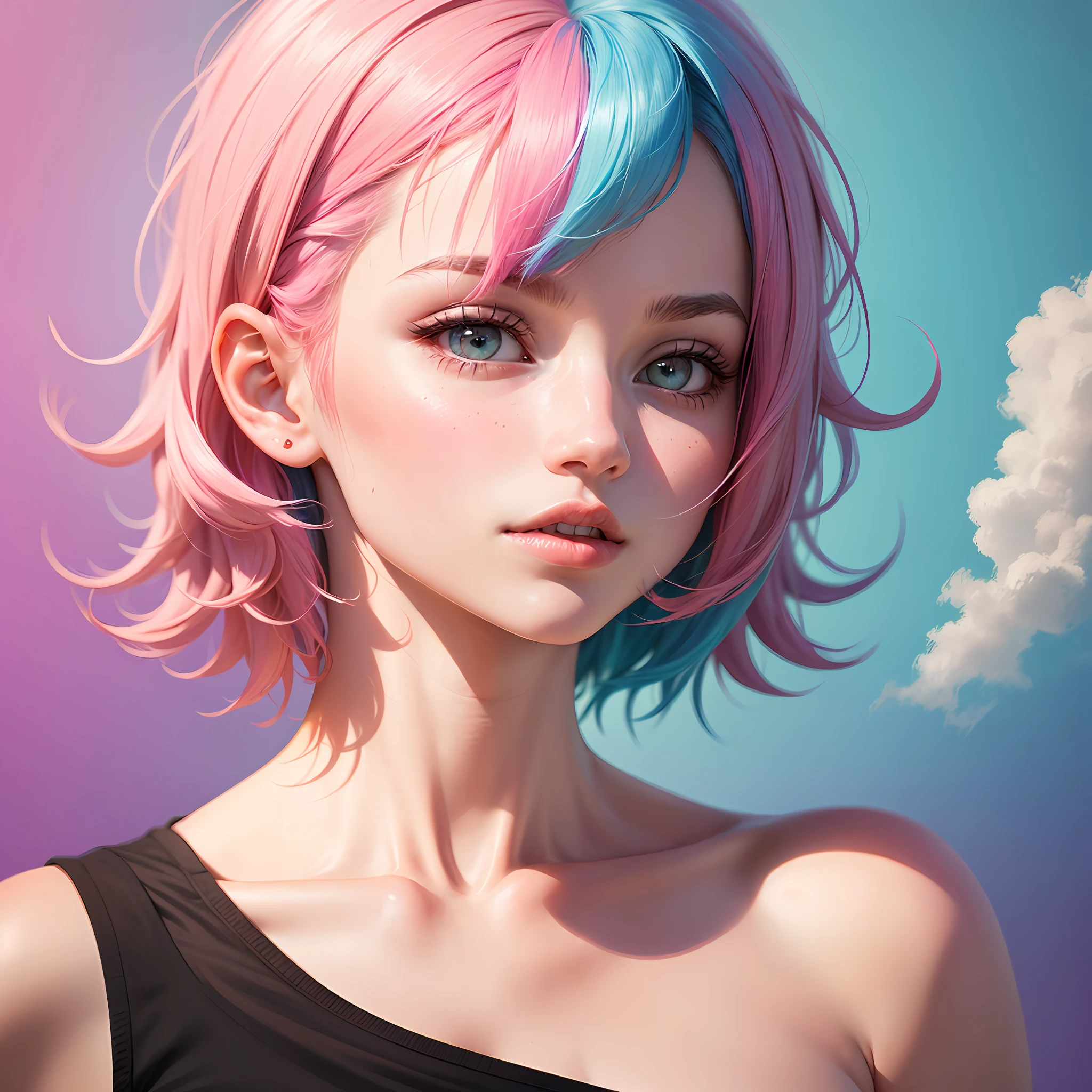 Girl with pink hair and a blue background, beautiful girl with short pink hair, short pink hair, short pink hair, with pink hair, gum hair, headshot profile picture, light pink hair, pink and blue hair, flowing pink hair, color portrait, fairy pastel hair, pink face --auto