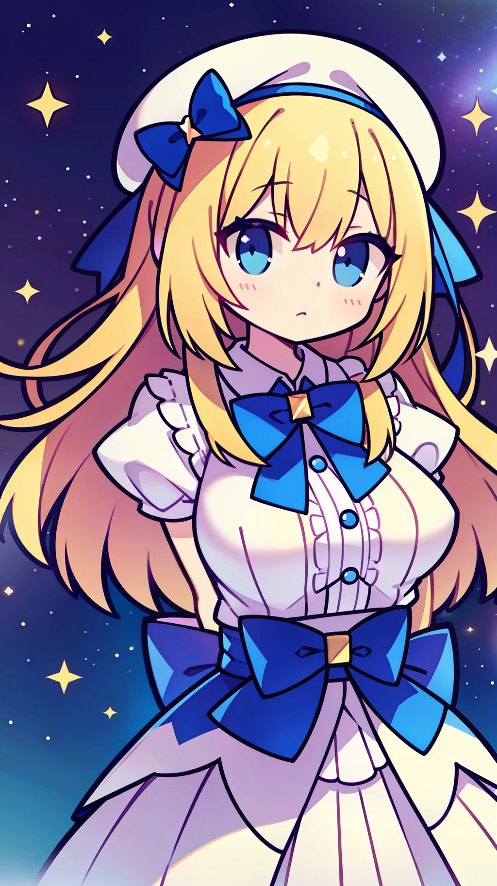 Yellow-haired，white dresses，eBlue eyes，star accessories，Blue bow tie，white beret（It has a blue bow on it），starryskybackground，Q version，Stand up，full bodyesbian