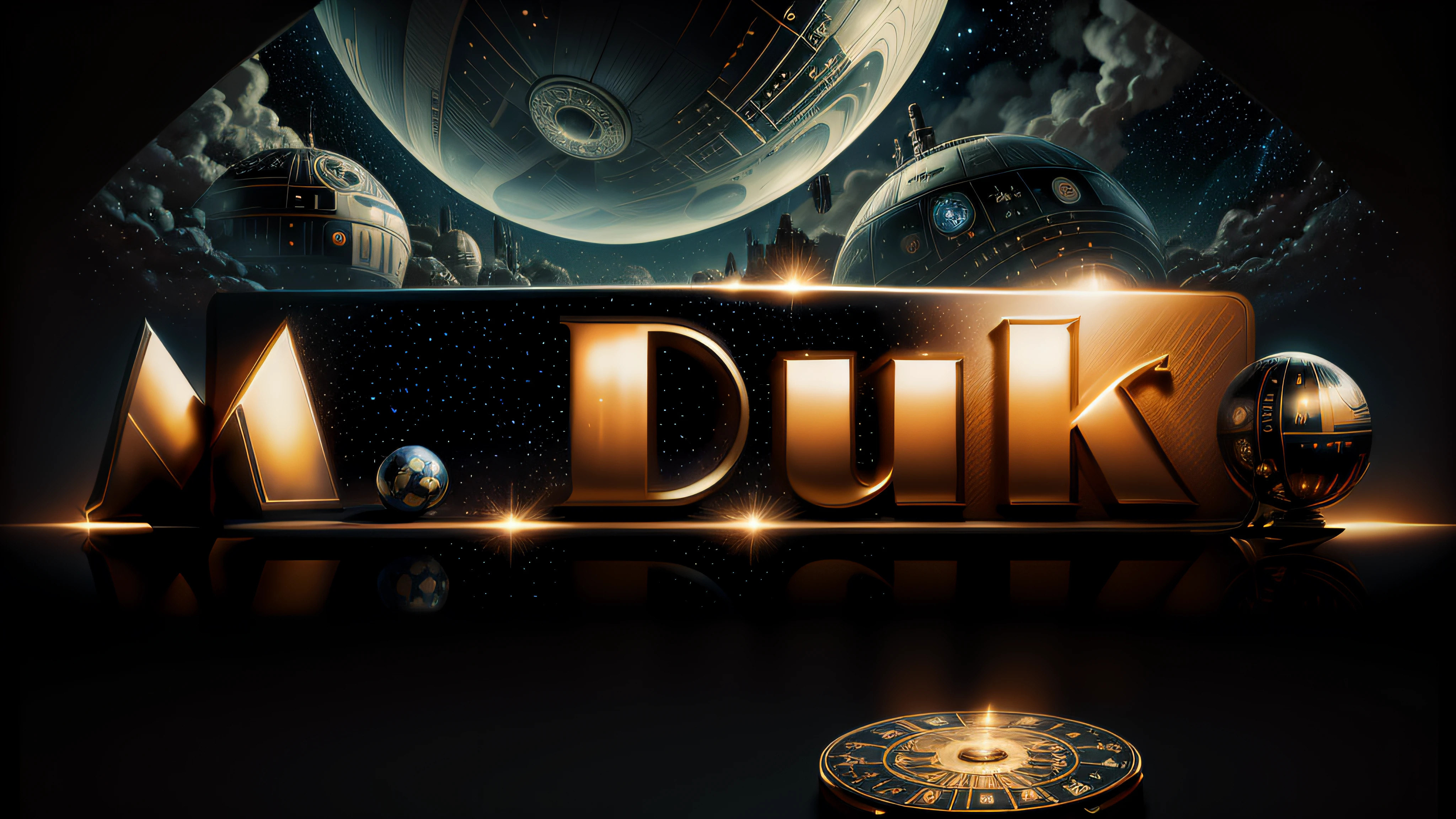 Logo com o nome M.Duke in a starry night sky with the Star Wars Death Star in the background,