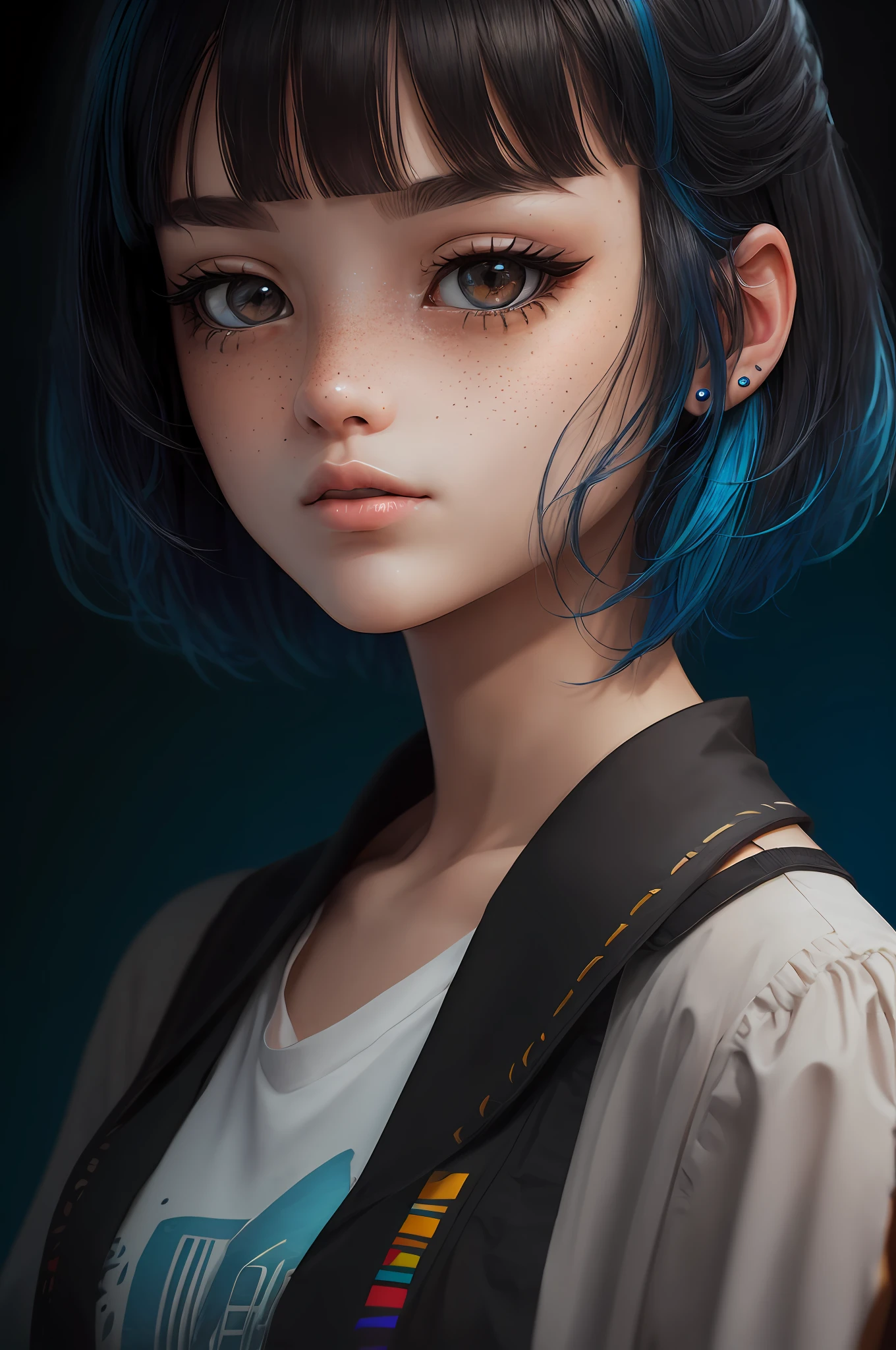 Masterpiece, Best Quality, 3D Rip Artwork, 3DMM Style, Close-up, Portrait, Realism, Solo Girl, Colorful Hair, Blue Hair, Brunette Hair, Freckles, Bi-color Hair, Look to the Side, Simple Background, Black Eyes, Short Hair & Bangs, Parted Lips, Challenge Eye, Black Shirt, Shirt Detail, Watermark Treatment. --auto