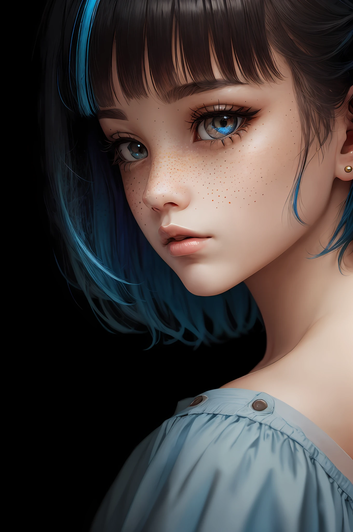 Masterpiece, Best Quality, 3D Rip Artwork, 3DMM Style, Close-up, Portrait, Realism, Solo Girl, Colorful Hair, Blue Hair, Brunette Hair, Freckles, Bi-color Hair, Look to the Side, Simple Background, Black Eyes, Short Hair & Bangs, Parted Lips, Challenge Eye, Black Shirt, Shirt Detail, Watermark Treatment. --auto