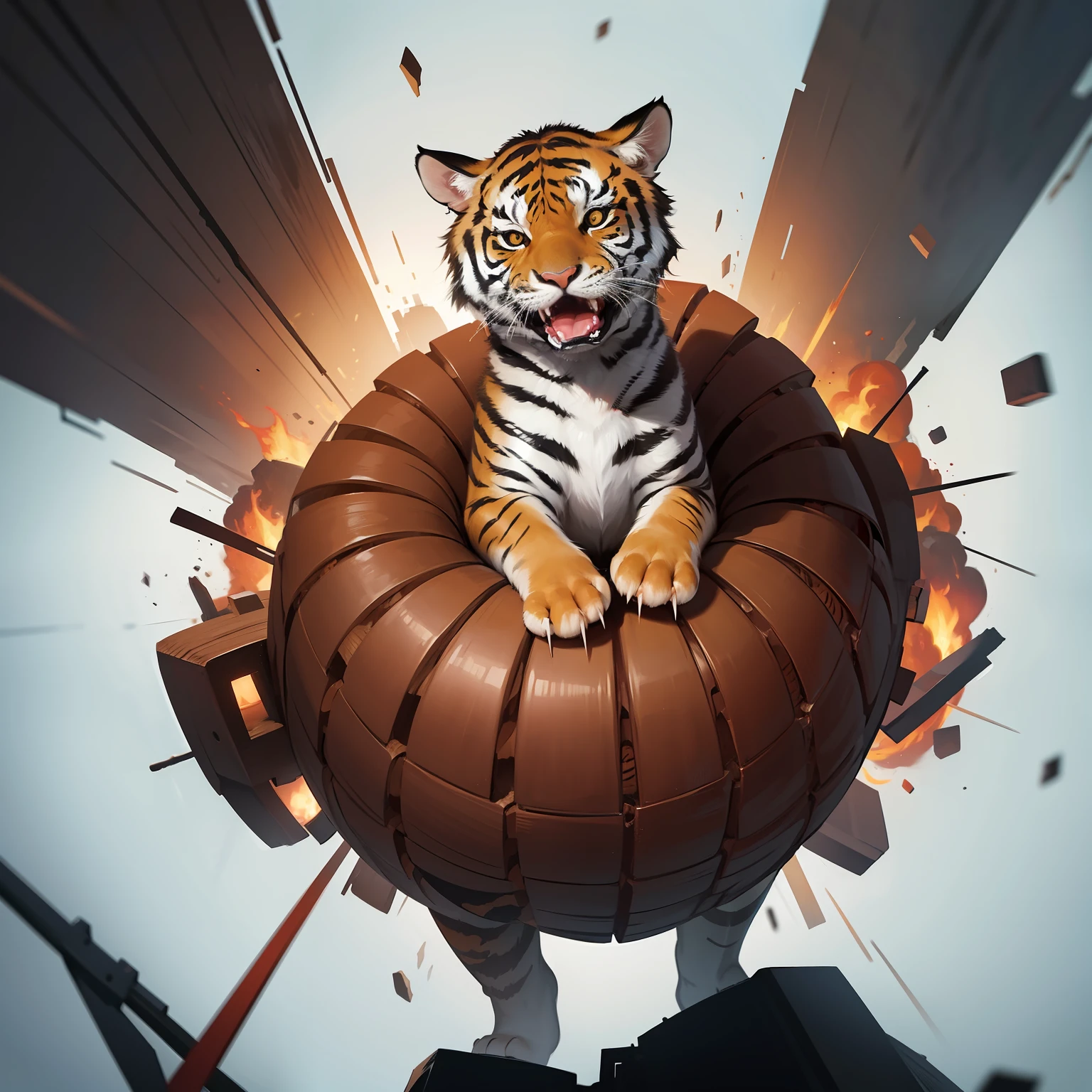 full body shot shot，Top-down view，Side Body，A wounded tiger，A terrified tiger rolled on the ground，Wounded tiger，Action distortion，Turn Back，Turn your head back，Fell to the ground，Tummy down，high tension，thriller，Crooked mouth，ears back，Misalignment of the upper and lower jaws，Nosebleeds，Fierce eyes，Fierce，poised to strike，Teeth and claws，