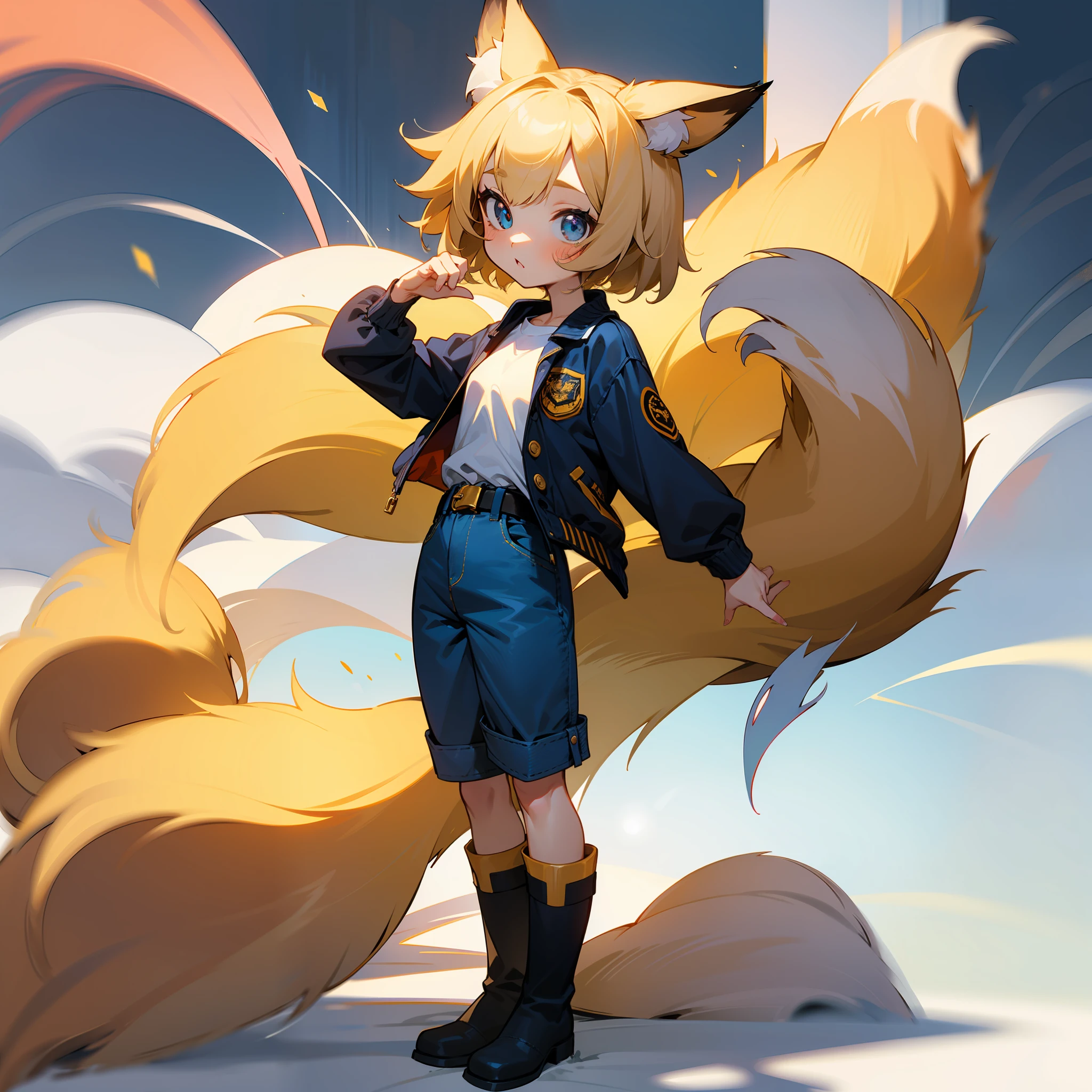 wearing a navy blue jacket over a white shirt, fox ,gold hair , illustration, 1girl, sd ,chibi , comedically small, cute ,little ,whole body ,stand ,loli ,wearing navy blue jeans shorts,wearing belt ,fox girl ,fox ears grew ,short hair ,wearing white boot ,wearing long black socks