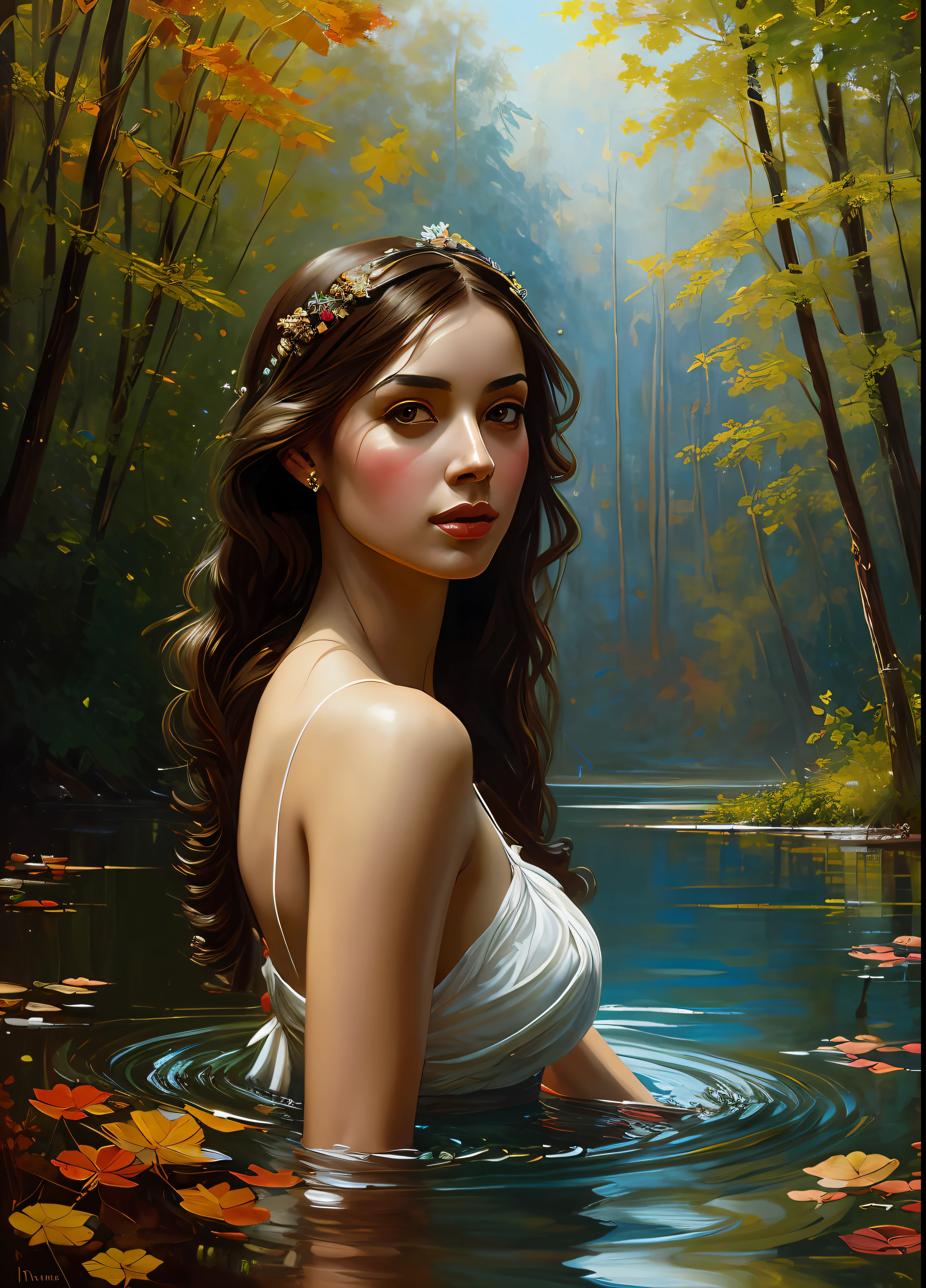 masterpiece, best quality, greek godess bathing in a lake in a forest below a night sky full of stars, appearing from colorful liquid oil paint, swirling paint, cinematic lighting, by karol bak, full body posing, angelababy, ((painting, canvas, fine art)), detailed, (fantasy art), cool, ((digital art)), (digital illustration), 4k, autun colors trending on artstation, trending on cgsociety, cinematic, agfacolor, low coloration, Norman Rockwell, Franz Xaver Winterhalter, Jeremy Mann, Artgerm, Ilya Kuvshinov, Anges Cecile, Michael Garmash