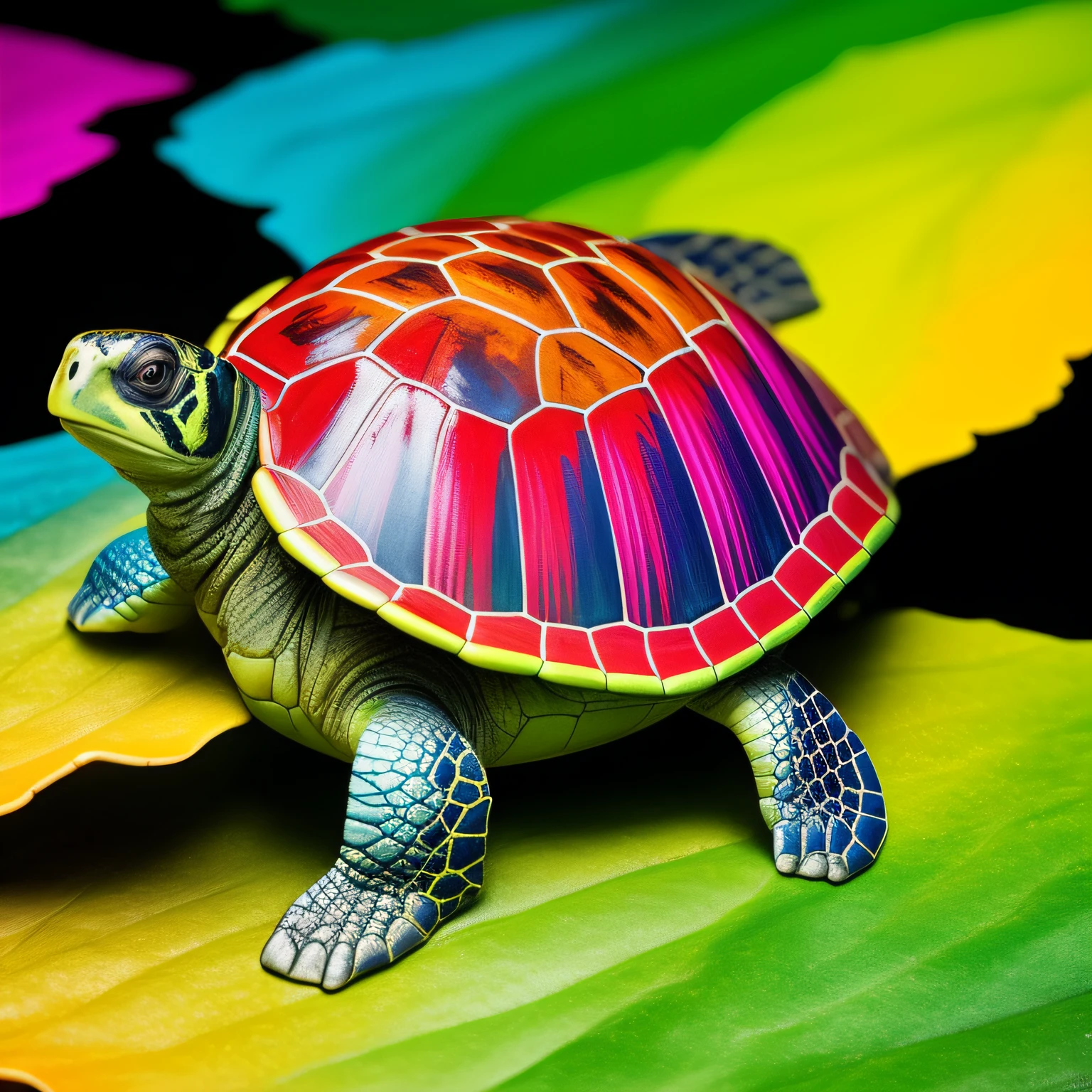 Pintar: uma tartaruga somente ela. Pintar estilo: "impressionismo", com cores vibrantes bem definidas em 8K.