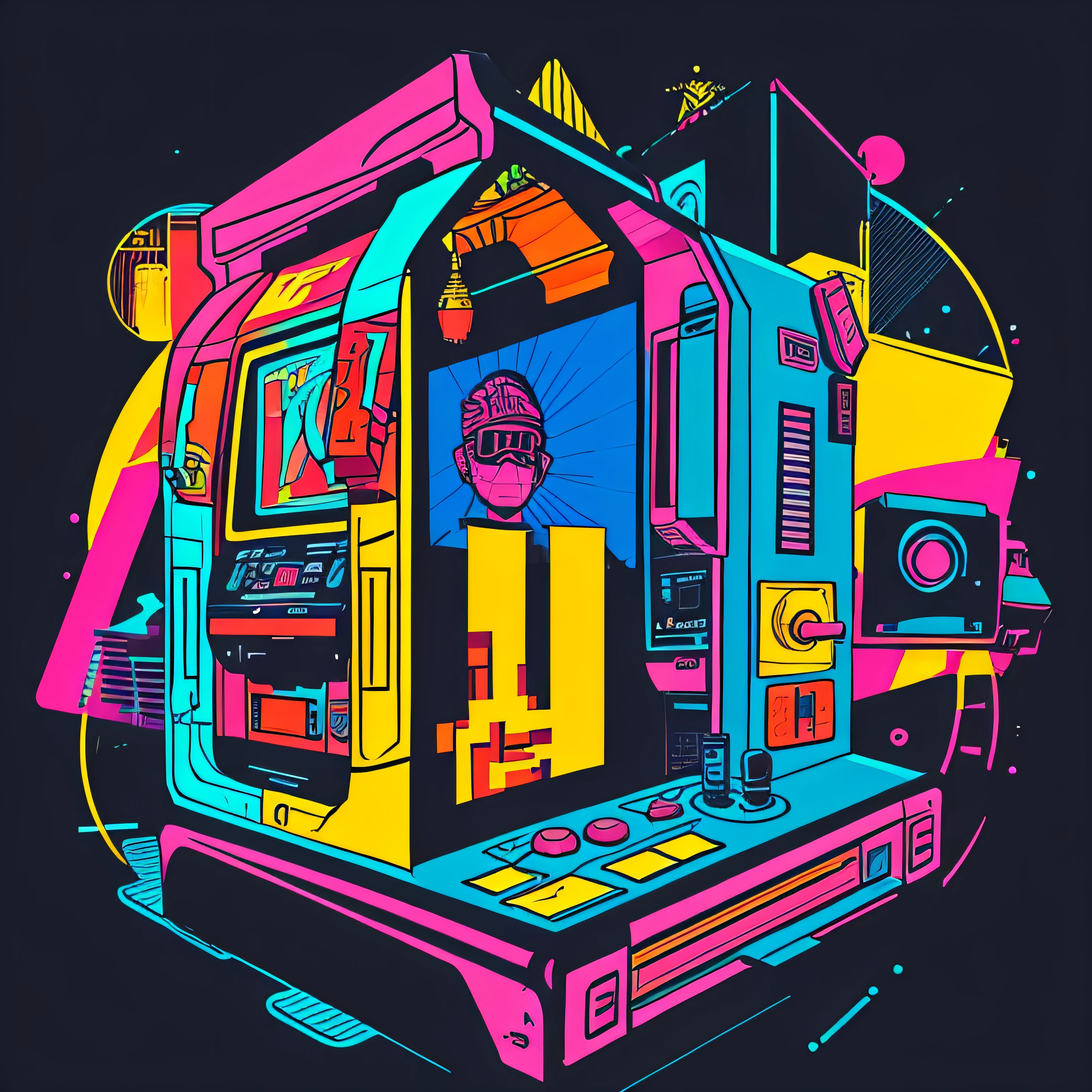 t-shirt design, geek, 90s arcade minimalist styles, simple, retro, dark background, very colorful, --stylize 1000 --no t-shirts --air 3:4 --no people --auto
