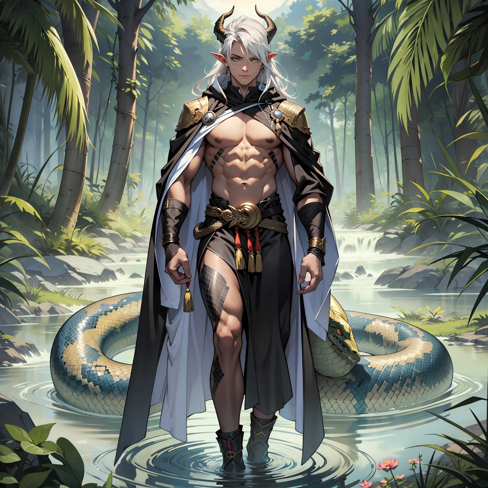 I stand six foot and six inches in height. I have long white hair tied up neatly. My eyes are yellow, with snake-like slits for pupils, like those of the basilisk. My body is sculpted to perfection, like that of an adonis, with muscles that ripple under the sun's light. My skin is bronze-like. I wear a long black silk robe that is adorned with silver trim, which flows behind me like a river when I move my body. Sometimes I wear a cloak draped over my left shoulder, so when I walk it looks like I'm carrying a long serpent in tow. Horns
